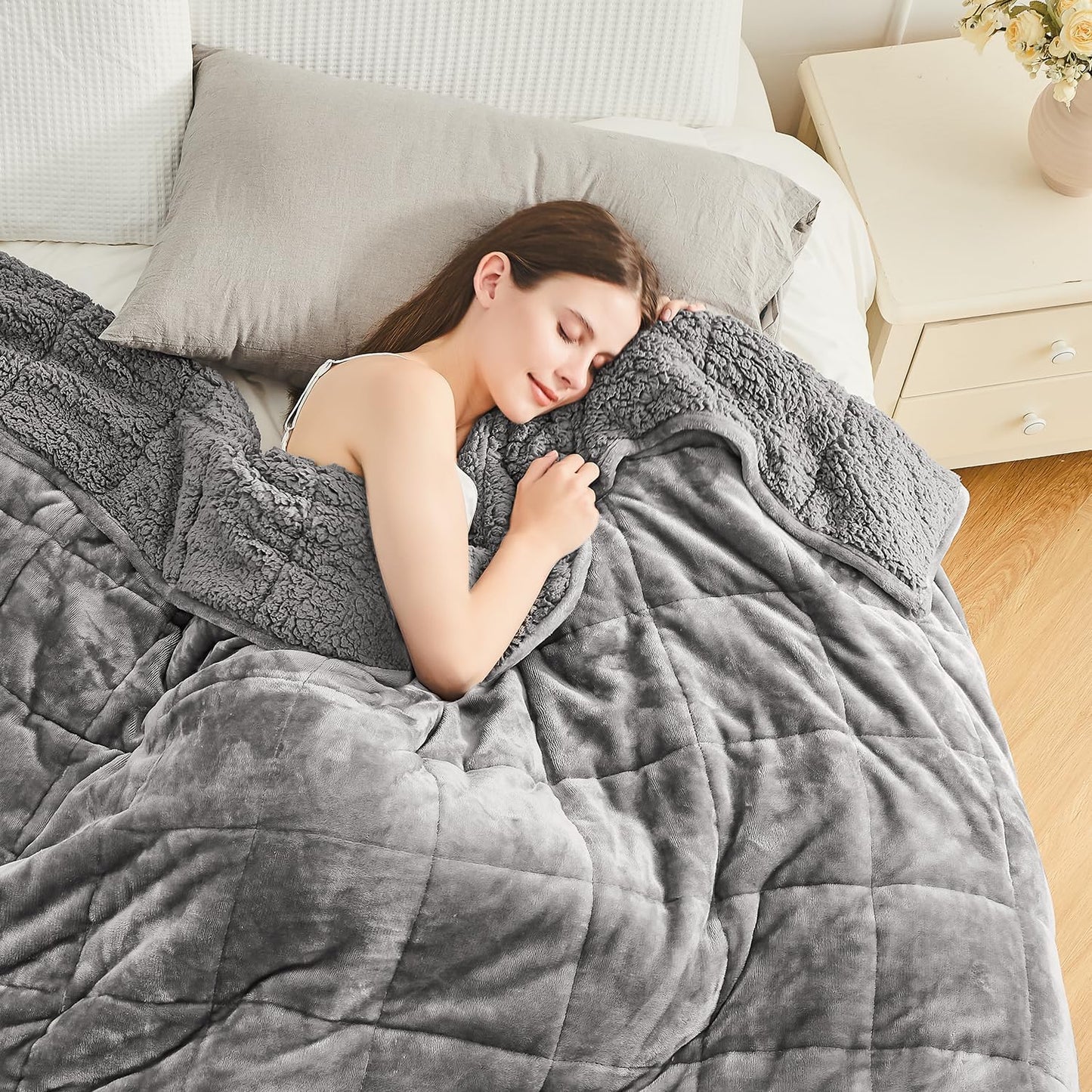Cottonblue Sherpa Fleece Weighted Blanket 15lbs for Adults Queen Size Bed, Soft Cozy Flannel Heavy Blankets Throw for Calming Sleeping Relaxing, Fuzzy Warm Blanket for Sofa Bed, 60x 80 inches, Grey