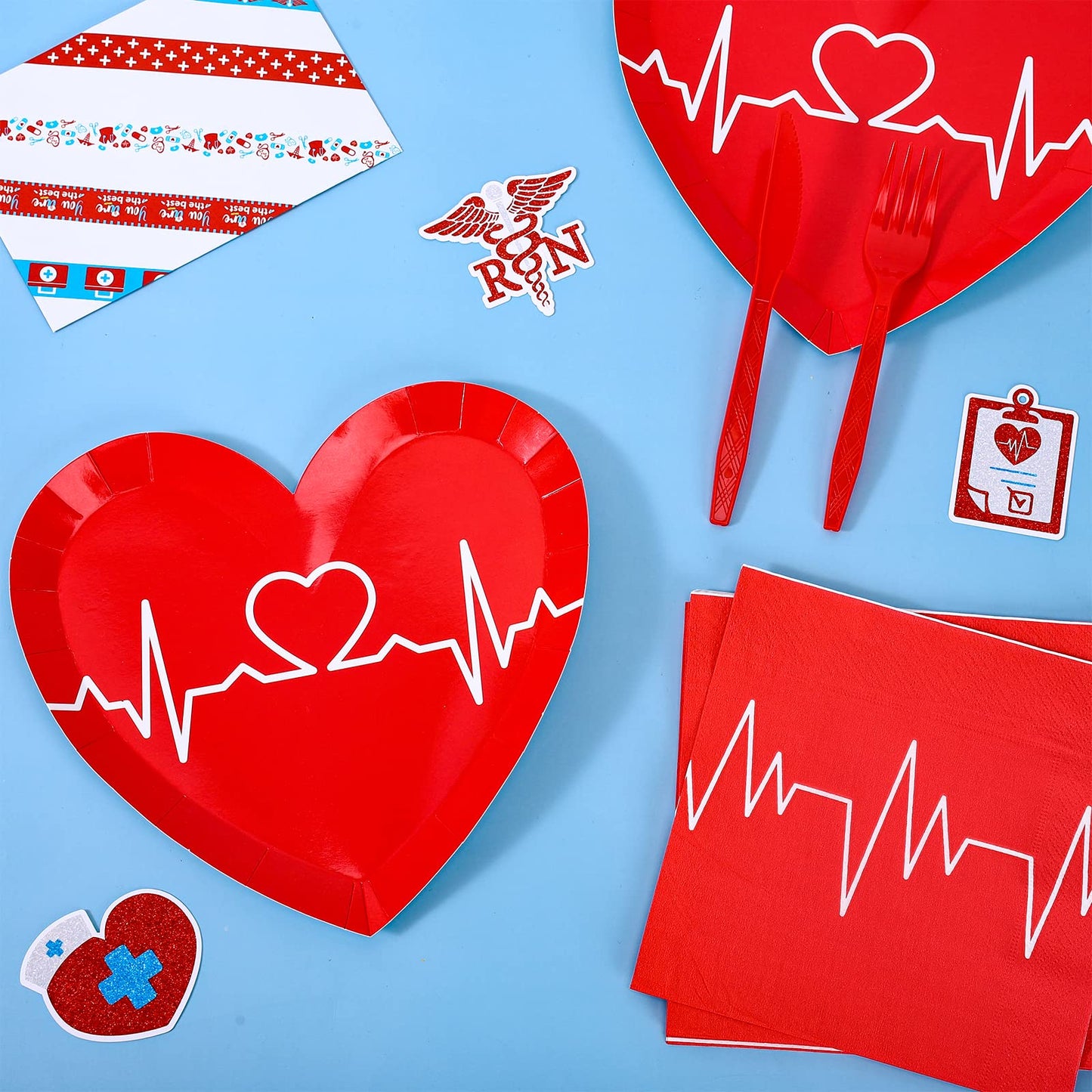 Whaline 80Pcs 2025 Nurse Graduation Tableware Set Red Heart Rate Prints Disposable Dinnerware Set 40Pcs Heart Shape Paper Plates 40Pcs Lunch Napkins for Doctor Nurse Graduation Party Supplies