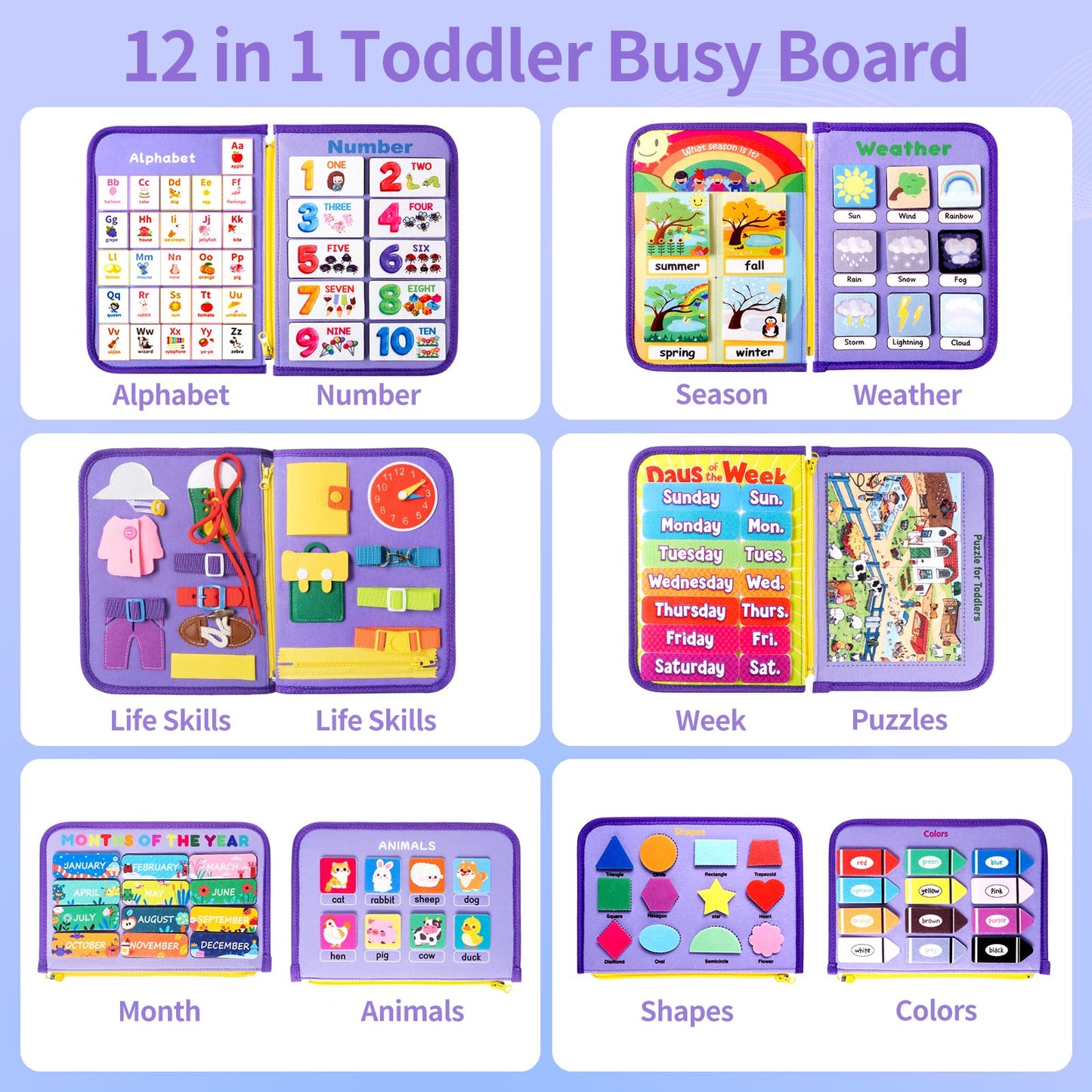 Toddler Busy Board Montessori Toys, 12-Page Busy Book, Quiet Educational Activity Book, 24 in 1 Learning Sensory Toys for Motor Skills, Travel Toy for Car Airplane, Girl Birthday Gift (Mermaid)