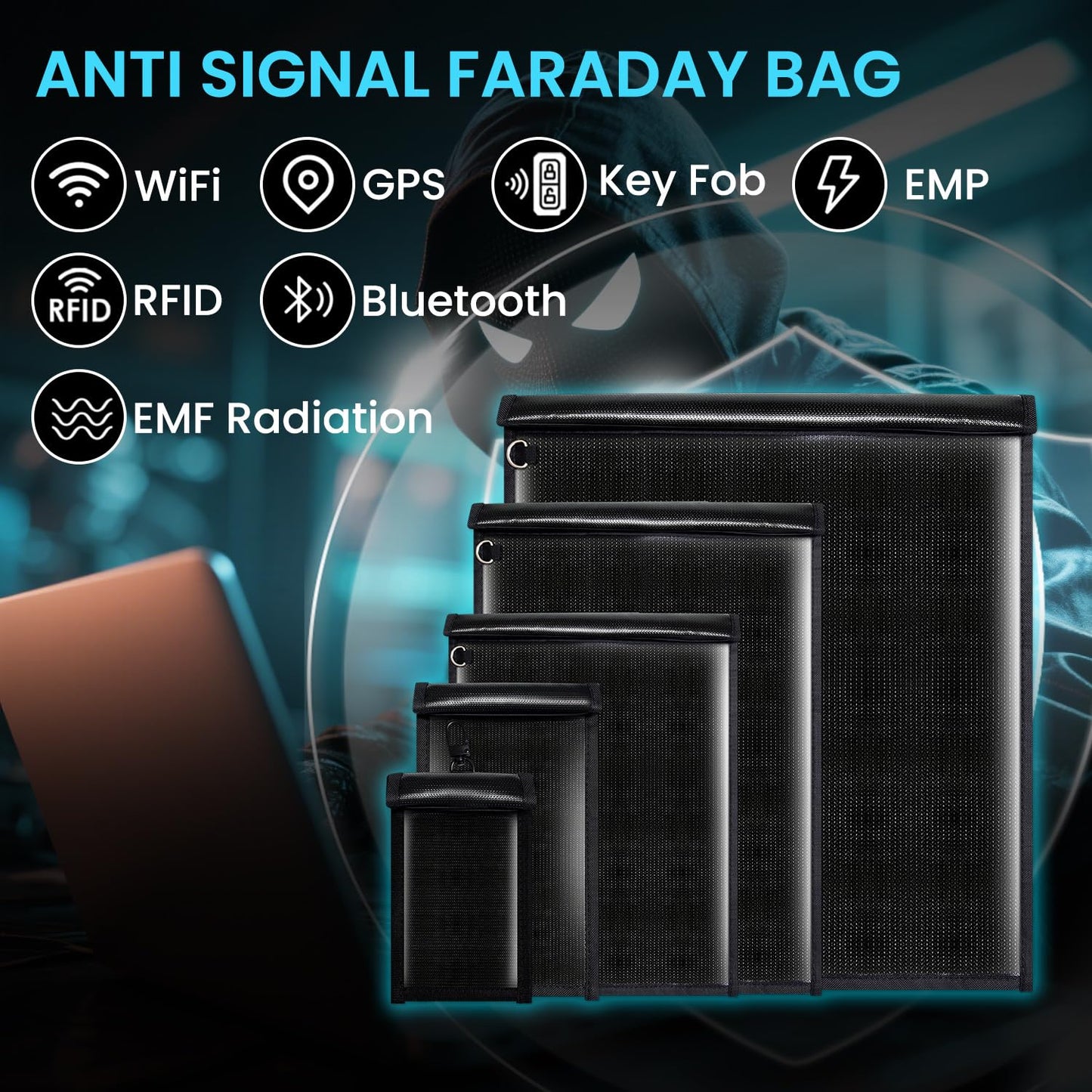 5 Pack Faraday Bags for Laptops & Tablet & Radio & Phones & Car Keys, Faraday Cage, Faraday Key Fob Protector, Waterproof & Fireproof RFID Bag, EMP Bags for Electronics