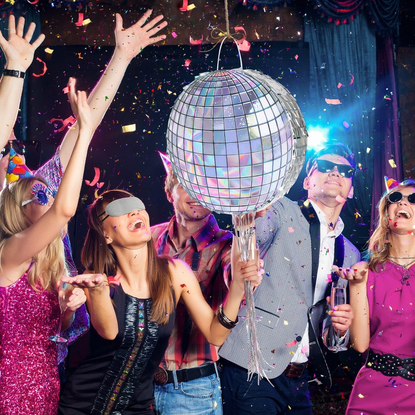 WERNNSAI Disco Party Pinata - Silver Disco Ball Pinata with Blindfold and Stick Hip Hop 80s 90s Retro Dance Disco Party Decoration Supplies for Birthday Wedding New Year Decorations