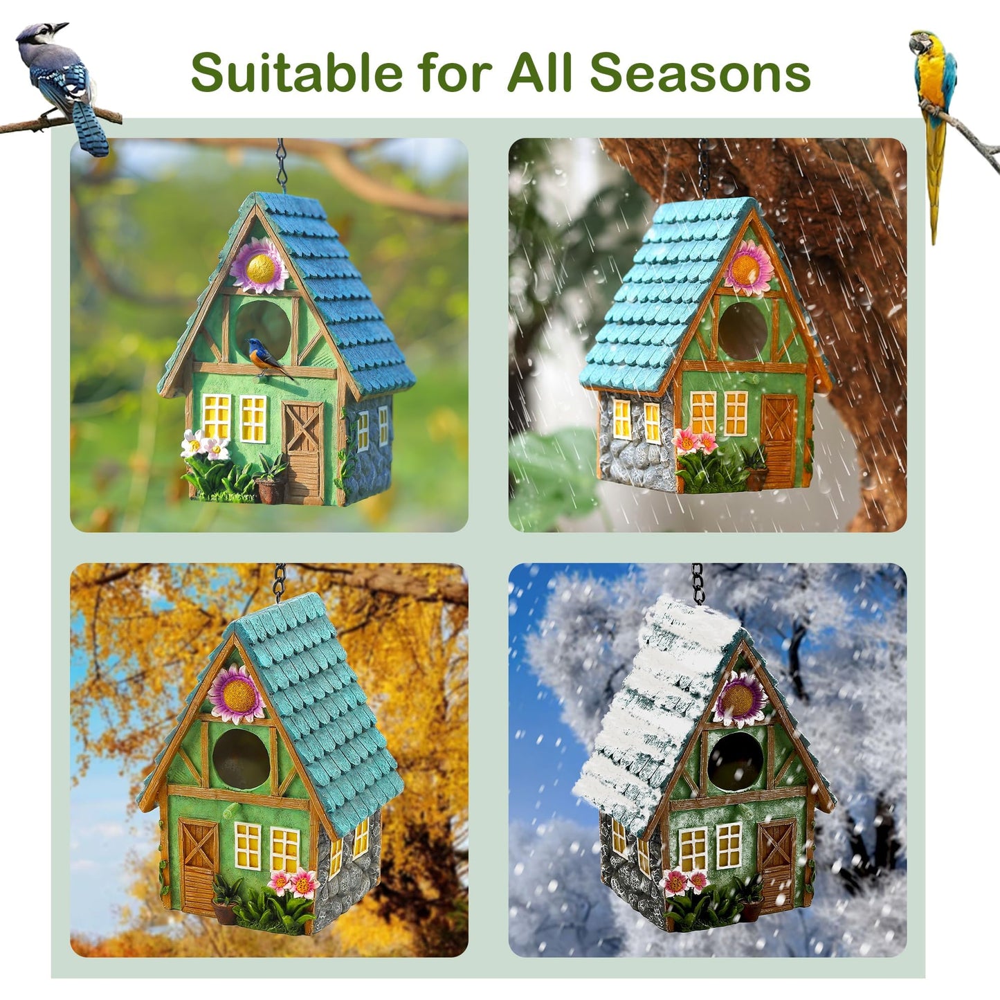 Attivolife Bird House for Outdoor Garden, Unique Gift for Women Mom Grandma Birdman Lovers, Resin Hanging Birdhouses for Outside, Weatherproof Art for Yard Patio Decoration Bluebird Finch Cardinals