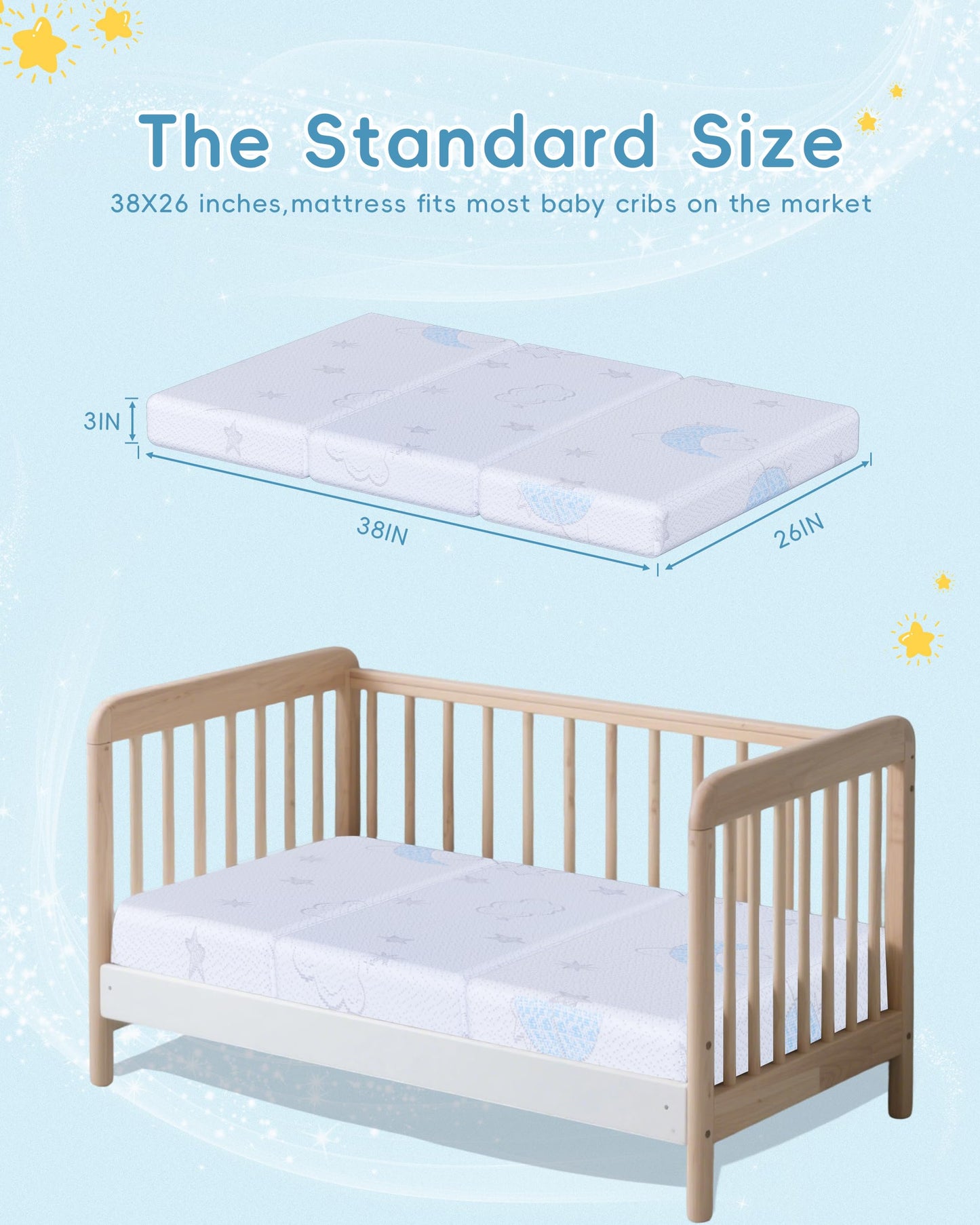 Trifold Pack and Play Mattress 38"x26"x3", Double-Layer Pack N Play Mattresses for Baby Toddler with Waterproof Washable Breathable Cover, Portable Mini Crib Mattress for Playpen