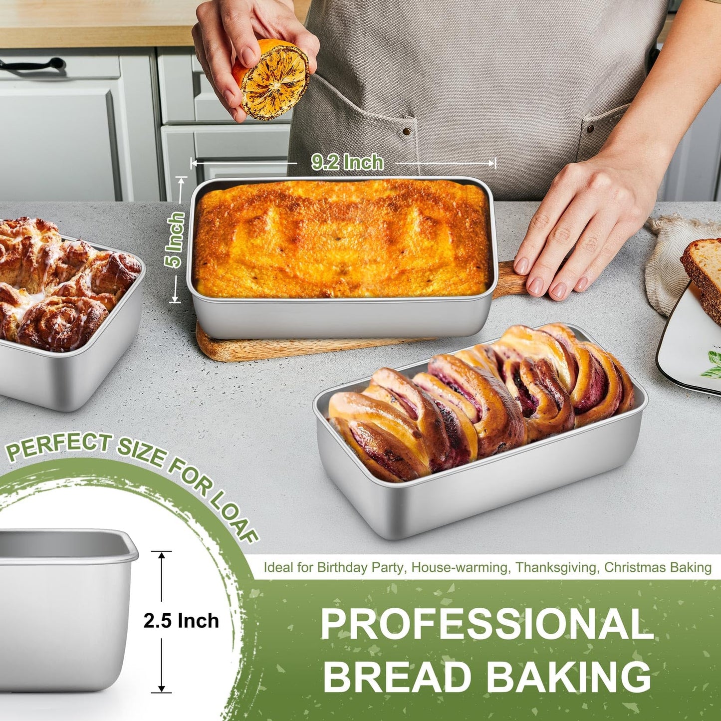 P&P CHEF Loaf Pan Set, 9-inch Bread Pans, Stainless Steel Loaf Toast Baking Pans for Bread Meatloaf Lasagna Cake, Healthy & Non Toxic, Oven & Dishwasher Safe, (Silver, 4Pcs)