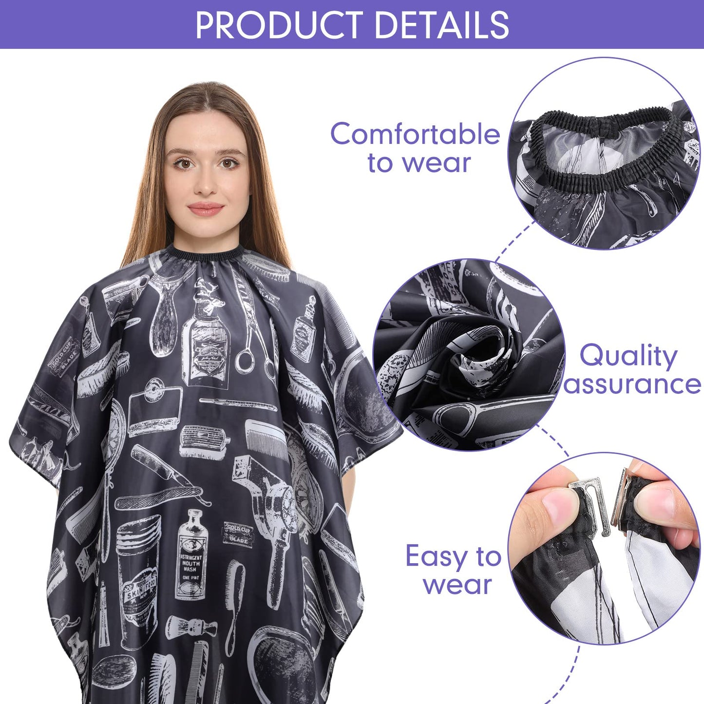 JenPen 6 Pcs Waterproof Hair Styling Cape Salon Barber Cape for Stylist Hairdresser Haircuting Adjustable, 47" x 59"(White Black Floral Print)