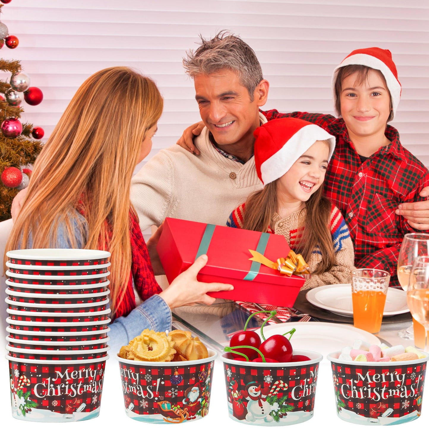 50 PCS Christmas Snack Bowls 9 oz Paper Ice Cream Cups Christmas Disposable Treat Cups Dessert Bowls Plaid Snack Paper Cups Snowman Santa Bowls for Holiday Treat Dessert Cakes Candy Party Supplies