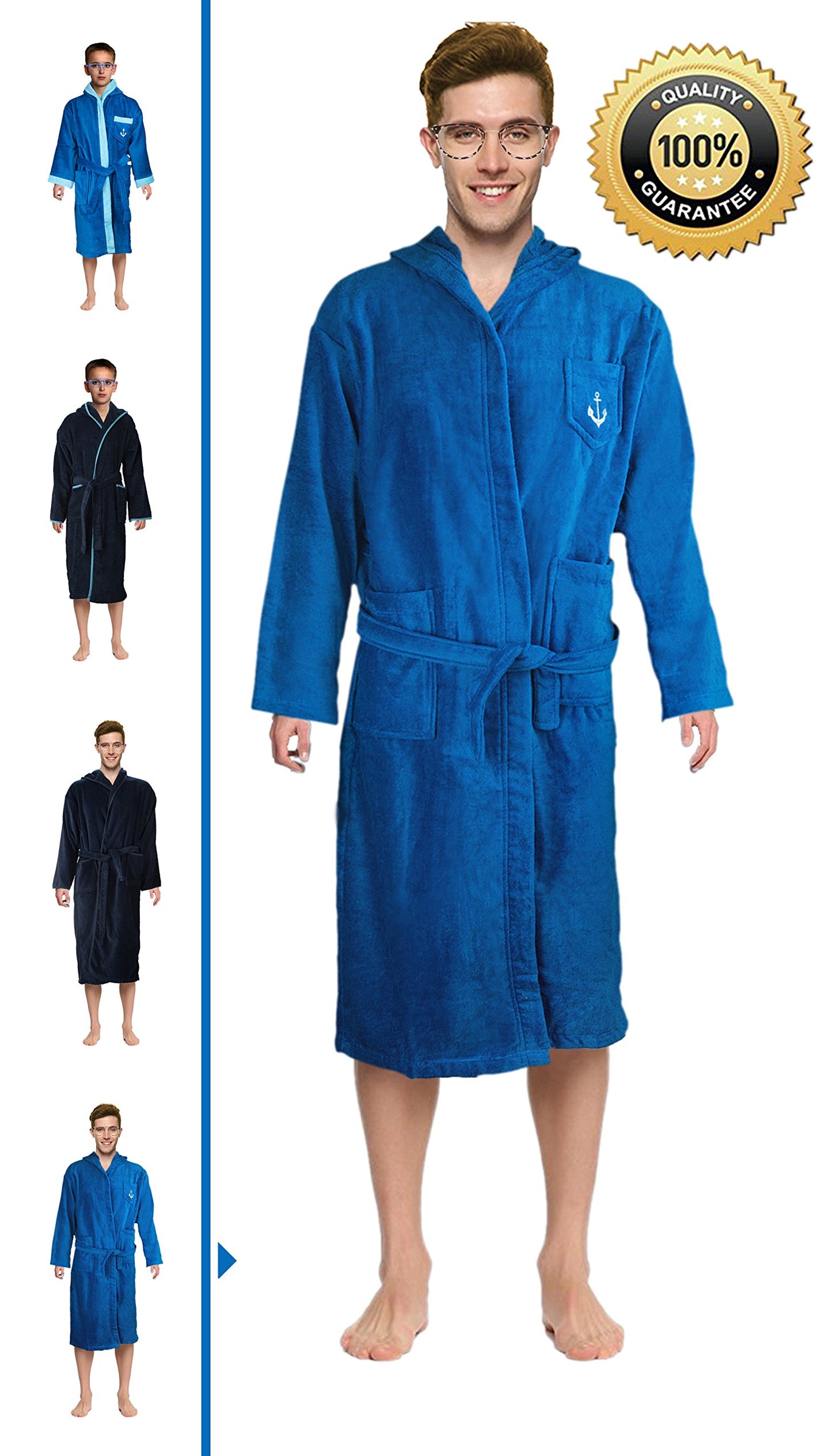ABSTRACT Cotton Robe - Mens Bathrobe - Terry Cloth Towel Robe for Men/Teens - Hooded Robes with Velour Finish - 100% Cotton, Navy, 14 Years