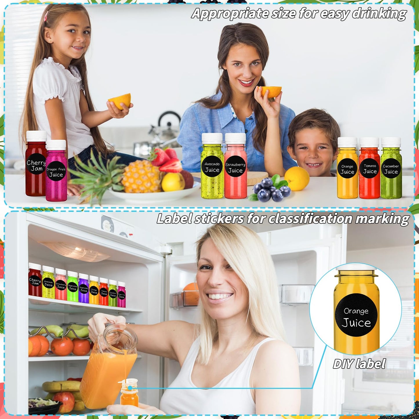 UZLU 165 Pcs 2 oz Small Plastic Juice Bottles with White Caps Mini Clear Ginger Shot Containers with Tamper Proof Lids Reusable Travel Bottles with Funnels Labels for Juice Milk Water Other Beverages