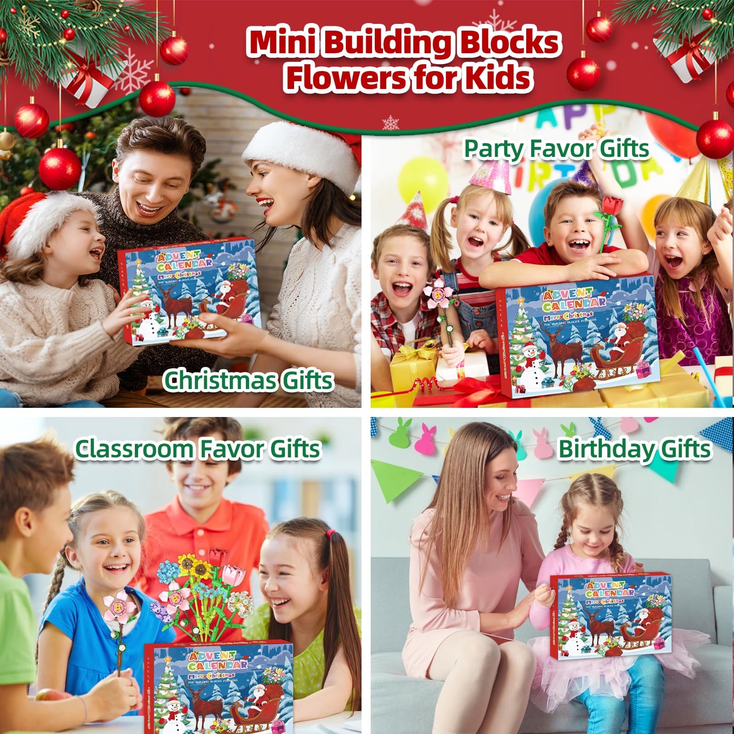 Advent Calendar 2025 Flower Building Blocks for Kids, 24-Day Christmas Calendar with 24 Colorful Flower Bouquets Made of Building Blocks,Christmas Flower Building Toy Gift for Boys and Girls