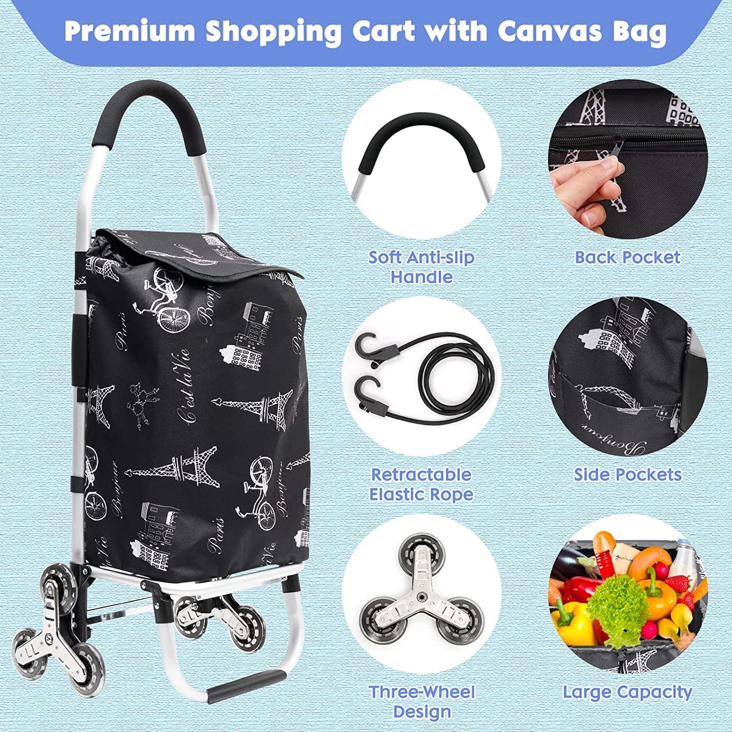 Folding Shopping Trolley Grocery Cart with Removable Waterproof Canvas Bag and Stair Climbing Wheels Super Loading Portable Utility Cart