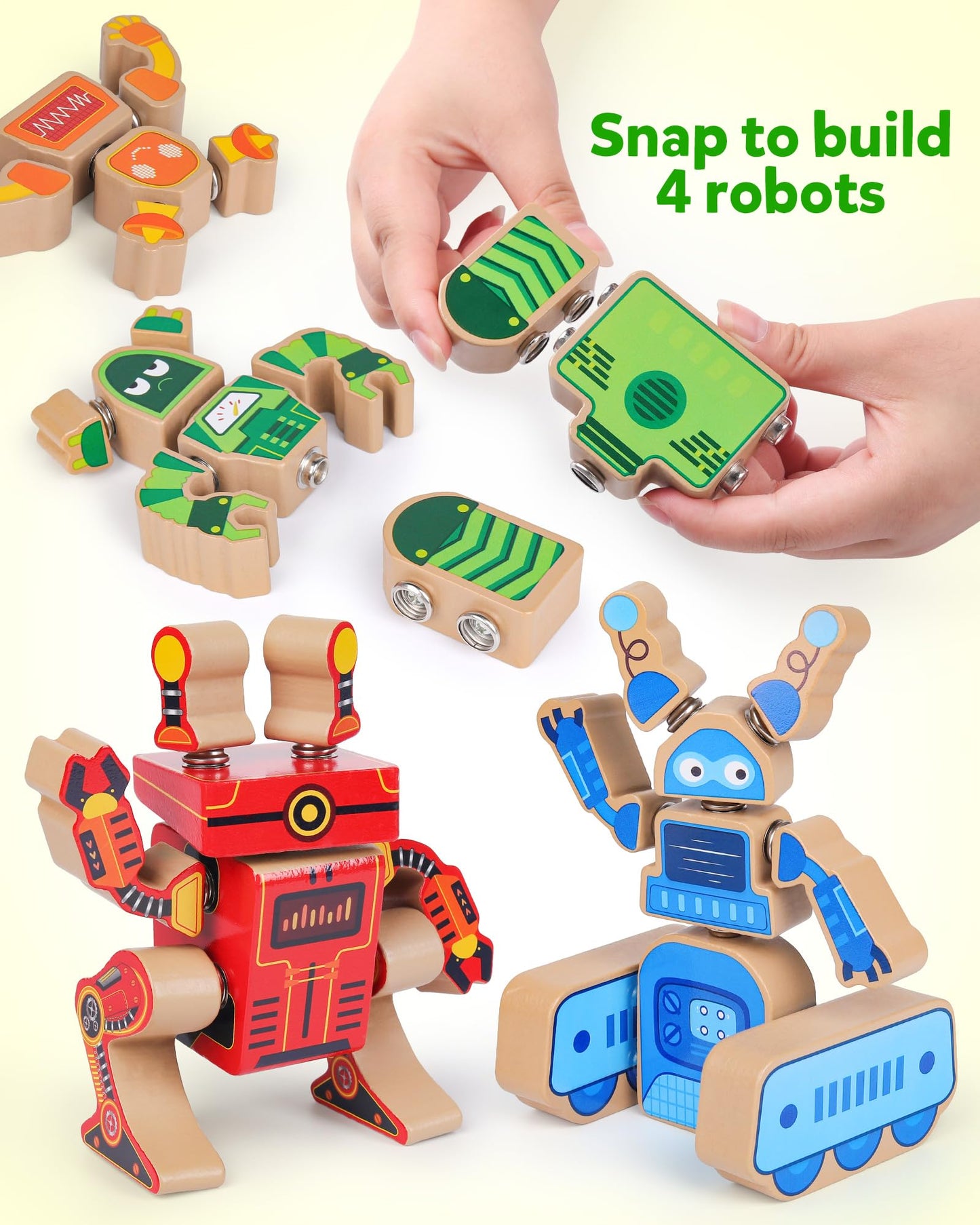 Coogam Wooden Robot Building Block Set, Snap Together Robot Builders, STEM Take Apart Robot Playset, Fine Motor Skill Educational Learning Toy Gift for 3 4 5 Years Old Kids