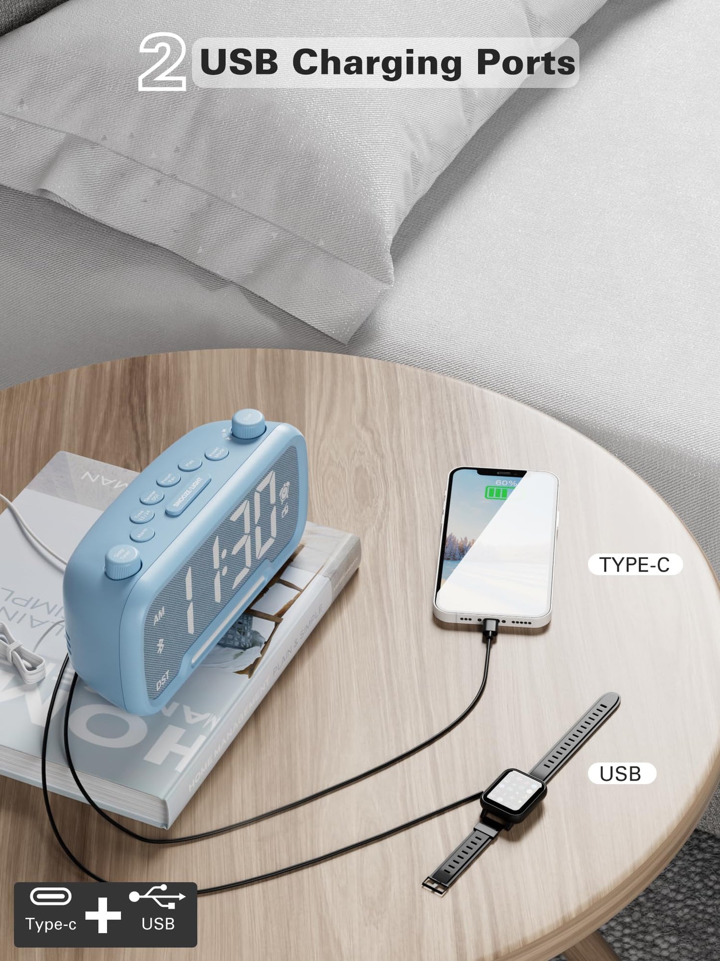 Radio Alarm Clock with Bluetooth Speaker, FM Clock Radio for Bedroom, Digital Alarm Clock with LED Night Light, 5-Level Brightness, 16-Level Volume, Phone Charger, Snooze, Battery Backup, 12/24H & DST