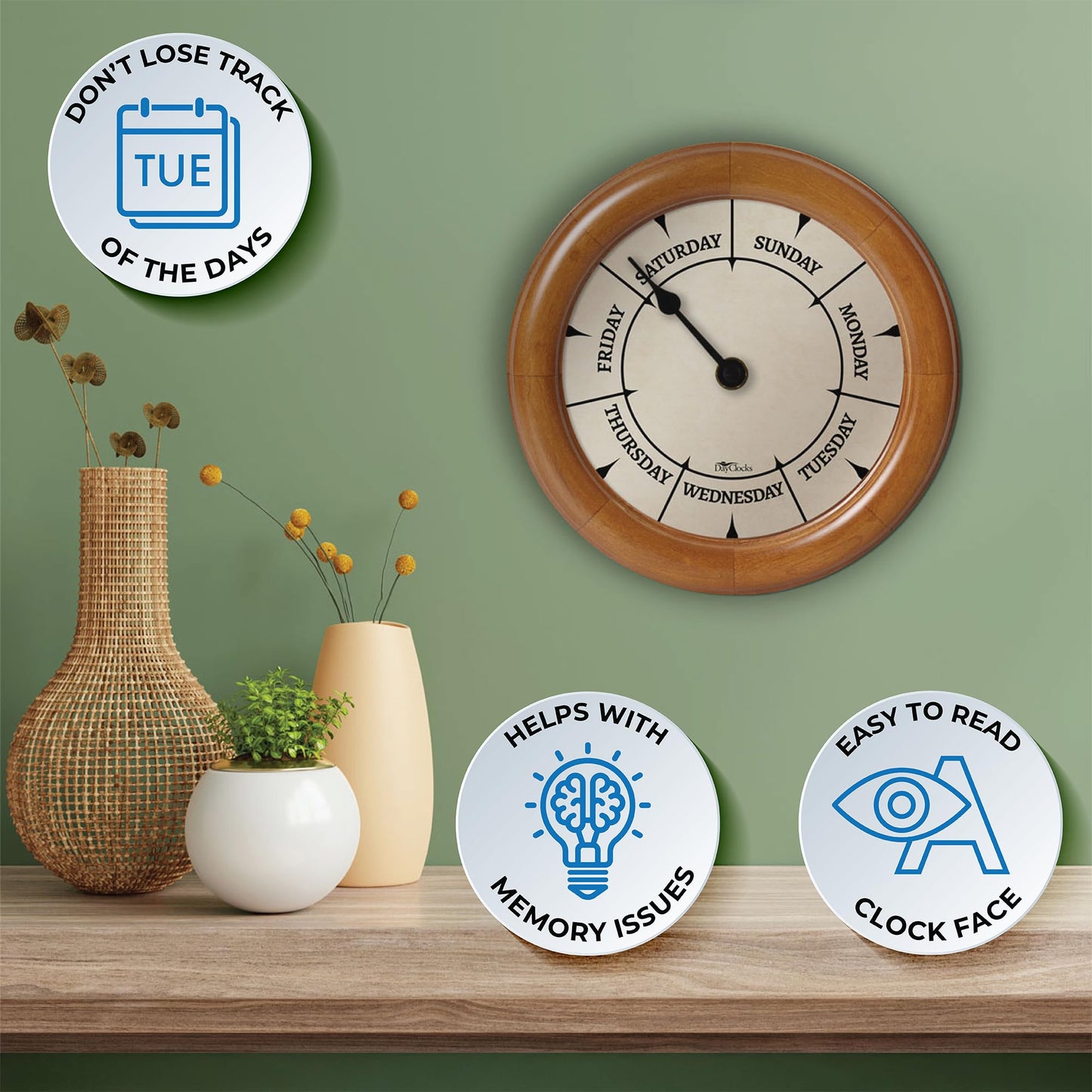 DayClocks Classic Day of The Week Wall Clock with Solid Wood Frame – Calendar Day Clock – Ideal Retirement Gift for Men & Women – Pine, 10"