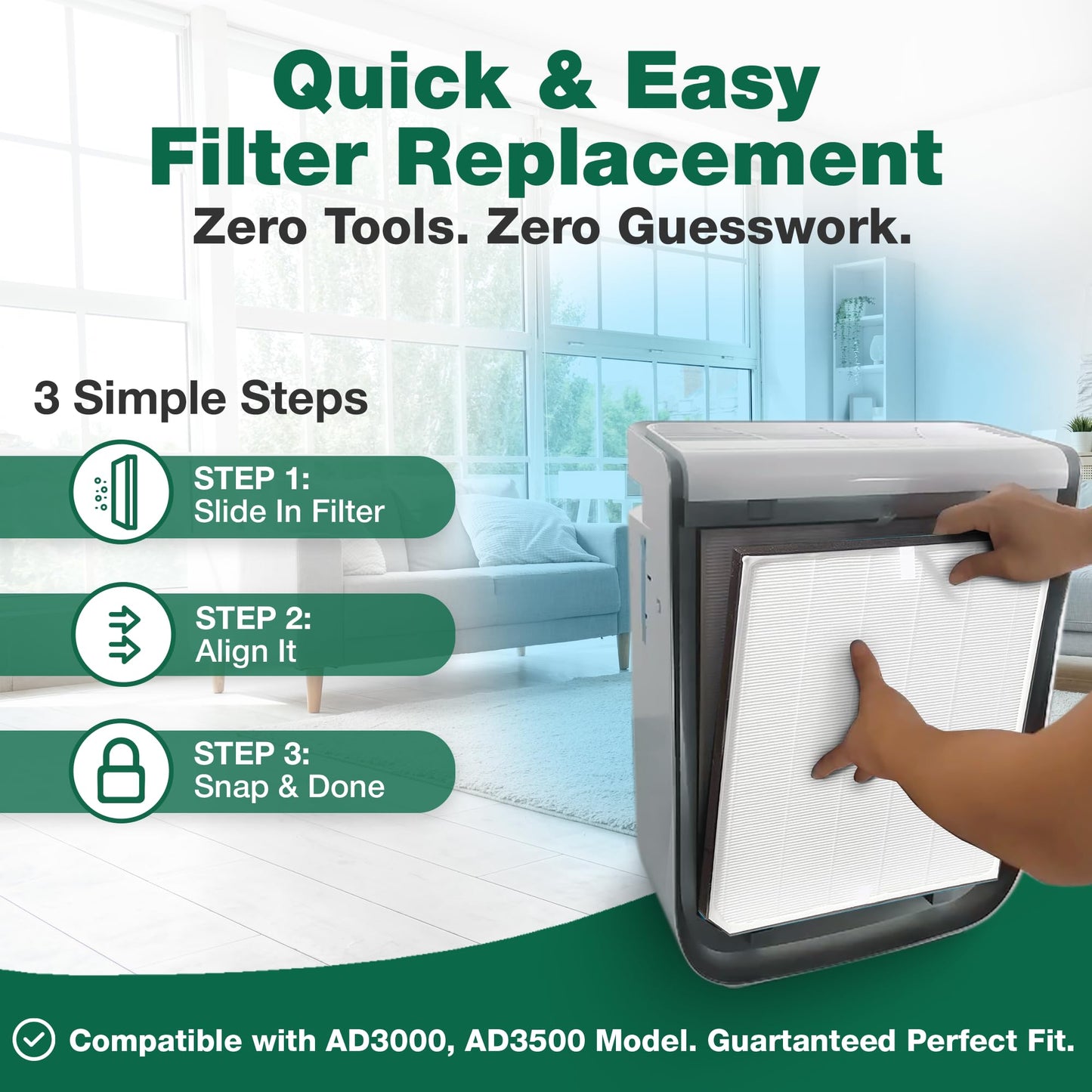 Air Purifier Filter Replacement – Compatible with Air Doctor AD3000 / AD3500 – Includes Efficient Air Filter Replacement for Home and Office - Third party-product (1 Filter and 2 Carbon Pre Filters)