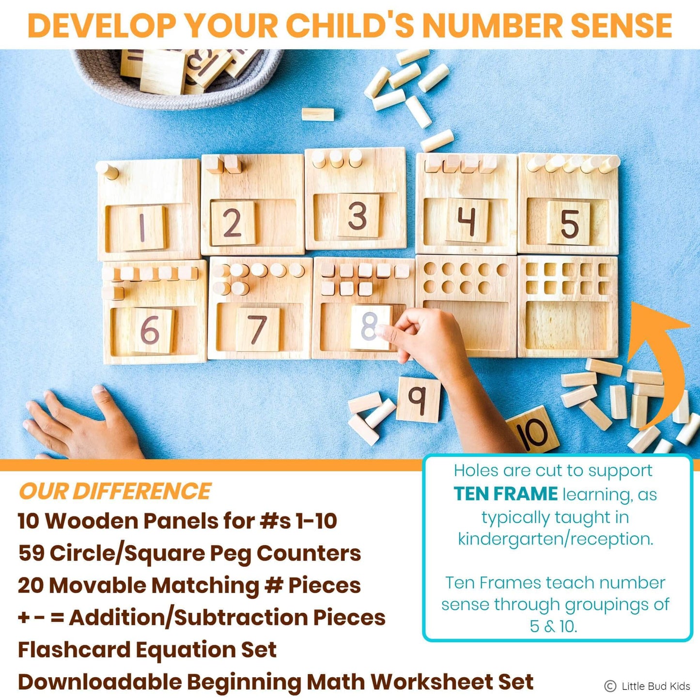 LITTLE BUD KIDS Counting Pegs Ten Frame Math Game - Number Peg Boards with Addition & Subtraction Flash Cards, A Number Learning Resources Toddler Math Puzzle & Kindergarten Montessori Toy