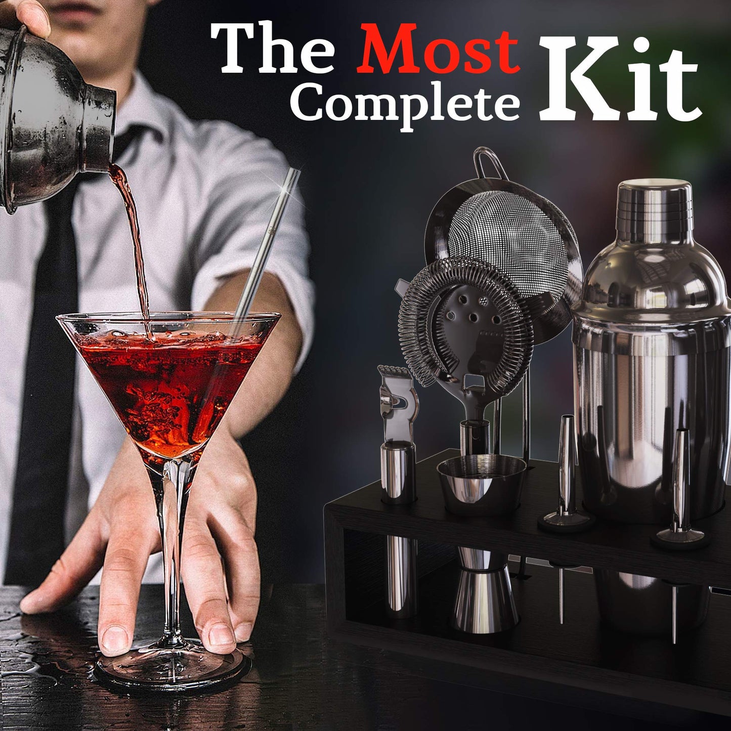 Highball & Chaser 13-Piece Cobbler Cocktail Shaker Set: Black Polished Stainless Steel Bartender Kit for Home Bar Cocktail Set | Cocktail Tools | Plus E-Book with 30 Cocktail Recipes (Gunmetal Black)