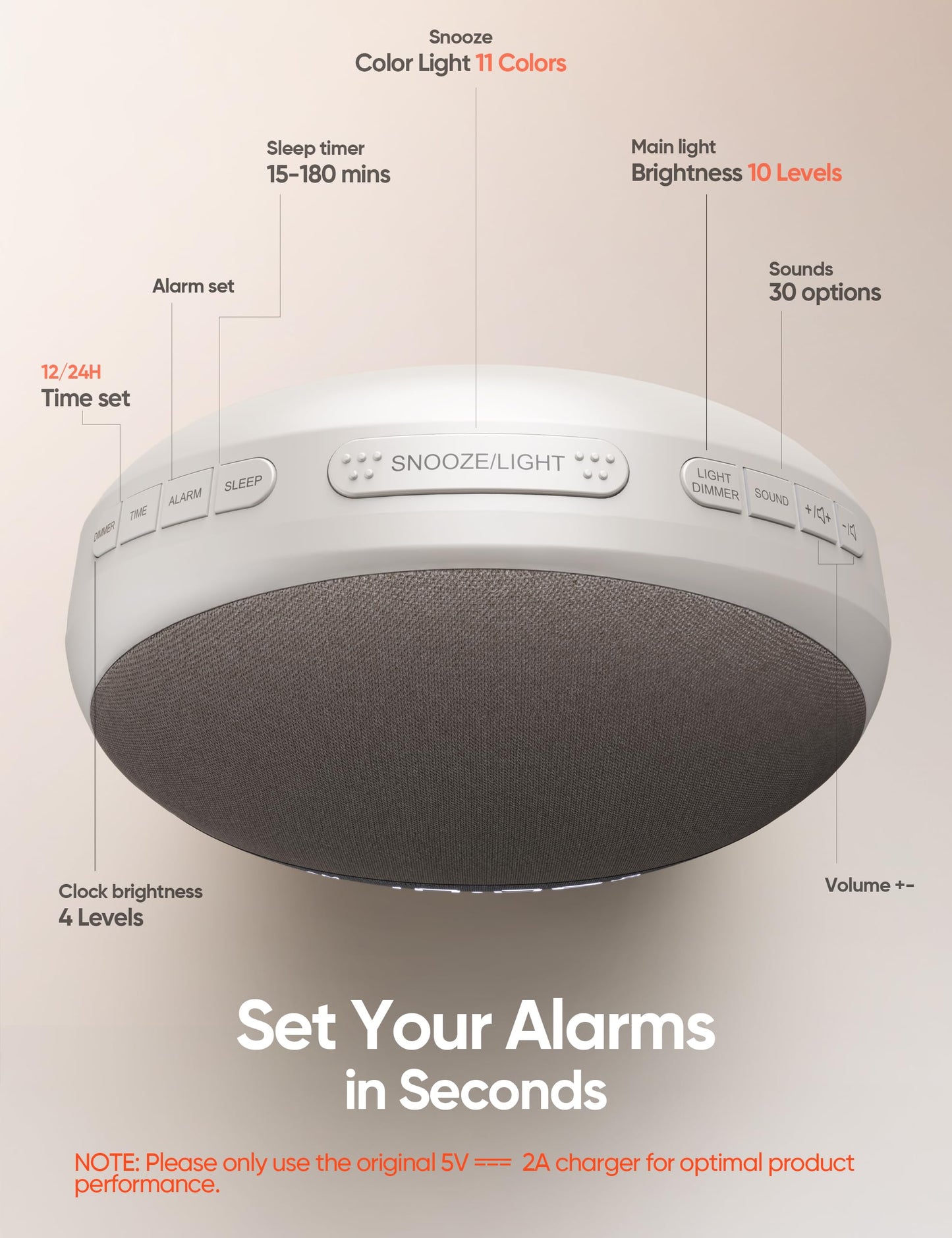 Sunrise Alarm Clock White Noise Machine, Sleep Timer 15-180 mins, 30 Soothing Sounds for Baby Adults Kids, 11 Night Light Colors & Naural Wake Up Light, Easy Set Your Alarms