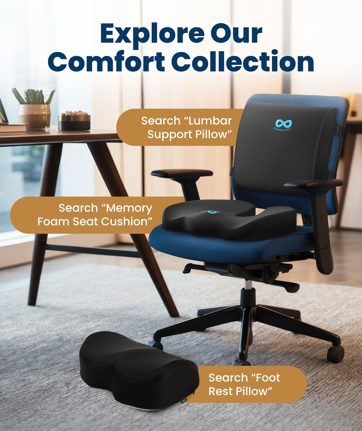 Everlasting Comfort Lumbar Support Pillow for Office Chair - Memory Foam Back Cushion for Car Seat - Promotes Better Posture, Back Pain Relief - Ideal Gaming and Desk Chairs Work and Home Essentials