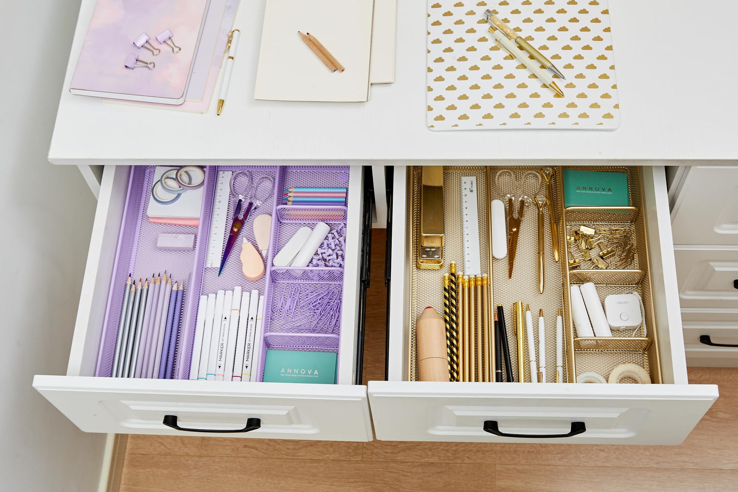Annova Desk Drawer Organizer/Storage Tray - Metal Mesh with Dividers for Pens, Desktop Accessories, Bathroom, Kitchen, Makeup and Office Supplies (Gold)