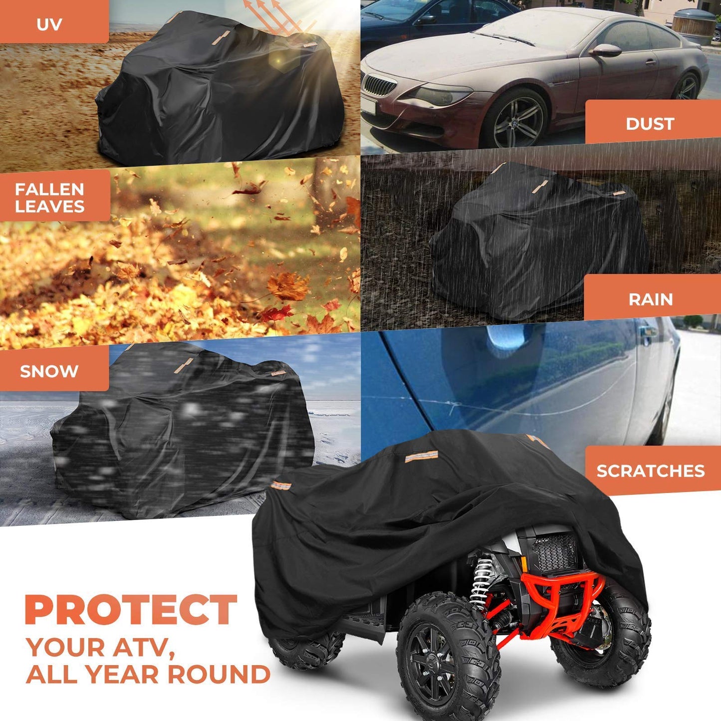 KEMIMOTO ATV Cover, Upgraded 300D Heavy Duty 4 Wheeler Cover Waterproof Windproof Compatible with Polaris Sportsman Fourtrax Grizzly Can am Kawasaki Suzuki 90'' x 43'' x 46''