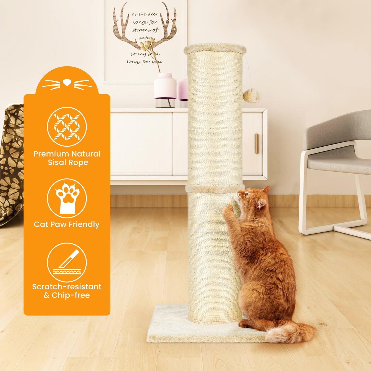 PAWSCRAT Cat Scratching Post 32 Inch High, 5.5 Inch Large Diameter Natural Sisal Cat Scratch Post, Scratch-Resistant and Durable Tall Cat Scratcher for Indoor Cats