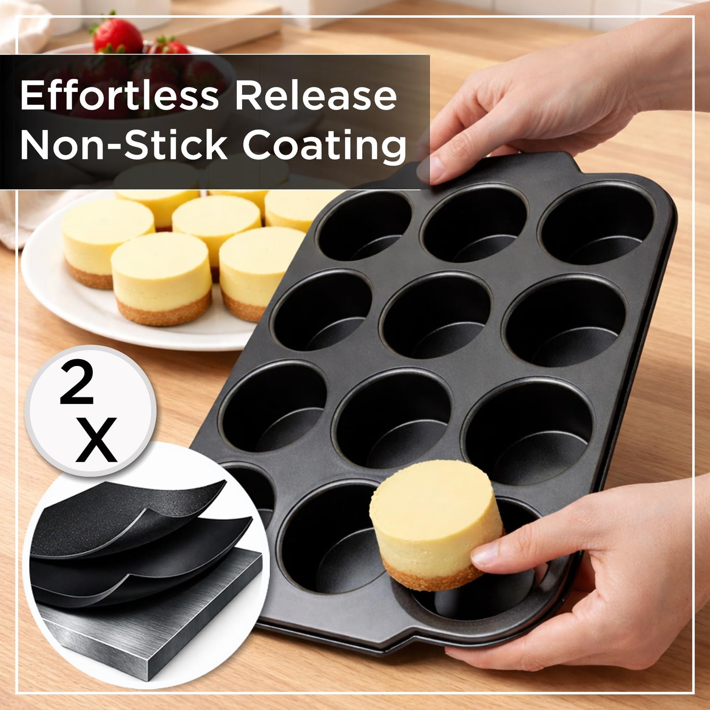 Wrenbury Mini Cheesecake Mould with Loose Base - Non-Stick Carbon Steel Tart Moulds PFOA-Free - Cake Mould Oven Safe up to 230°C - for Cheesecake, Muffins & Tartlets