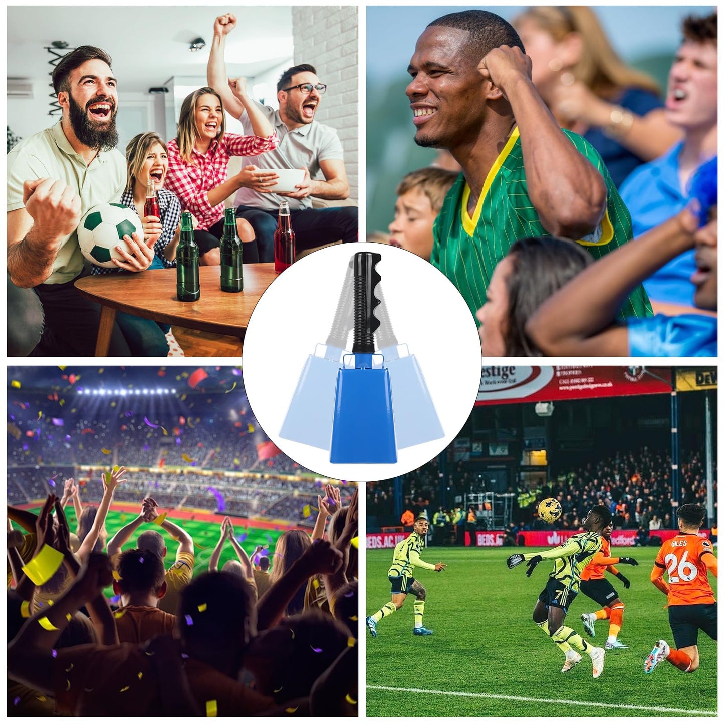 Cow Bells Noise Makers with Handle: Cowbells Hand Percussion for Sporting Events with Wrist Strap - 2pcs 8 Inch Large Loud Cheering Bell for Football Games Graduation (Blue)