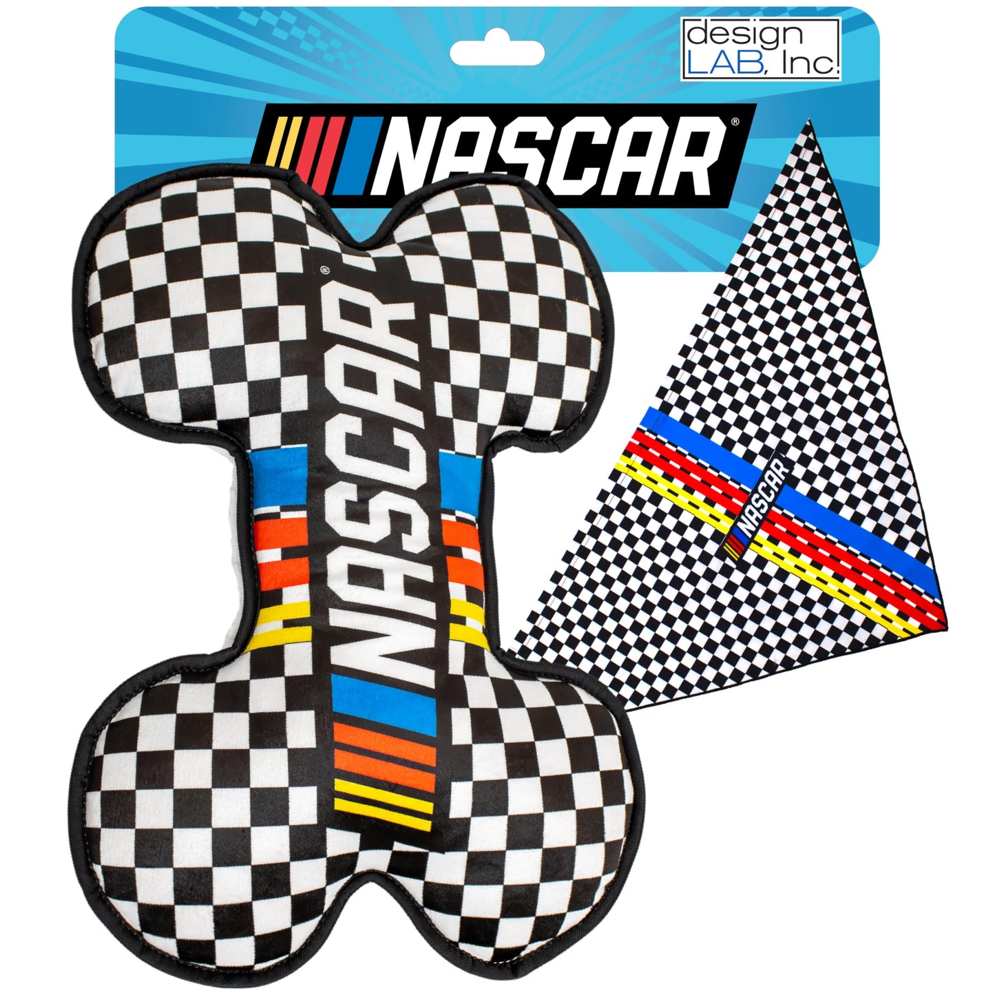 design LAB, Inc. NASCAR Official Merchandise | Medium Sherpa Bone Dog Toy with Squeaker & NASCAR Dog Bandana | Plush Dog Toy for Snuggling, Tossing & Chewing | Official NASCAR Pet Gift Set