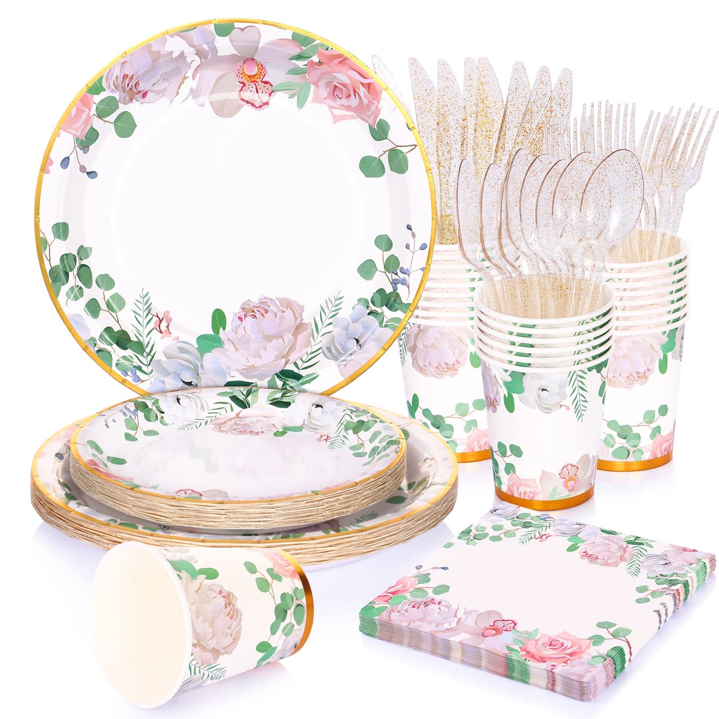 Floral Party Decorations - Bridal Shower Plates & Napkins Set for 24 Guests - Tea Party Themed Decorations, Floral Paper Plates, Cups & Napkins for Baby Shower, Birthday, Wedding