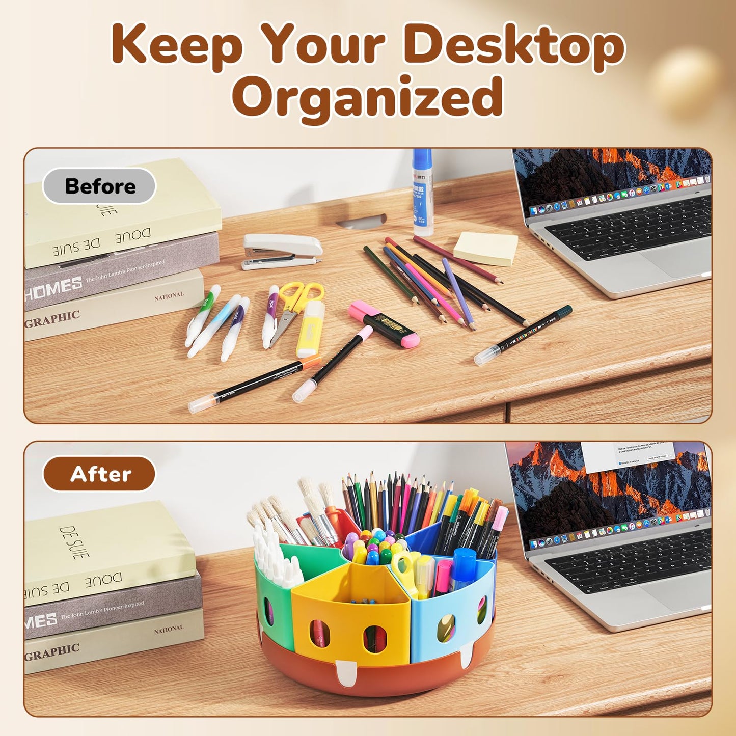 Gamenote Rotating Art Supply Organizer Lazy Susan Office School Supplies for Kids Desk Organizers and Storage Homeschool Craft Caddy Classroom Organization (Large)