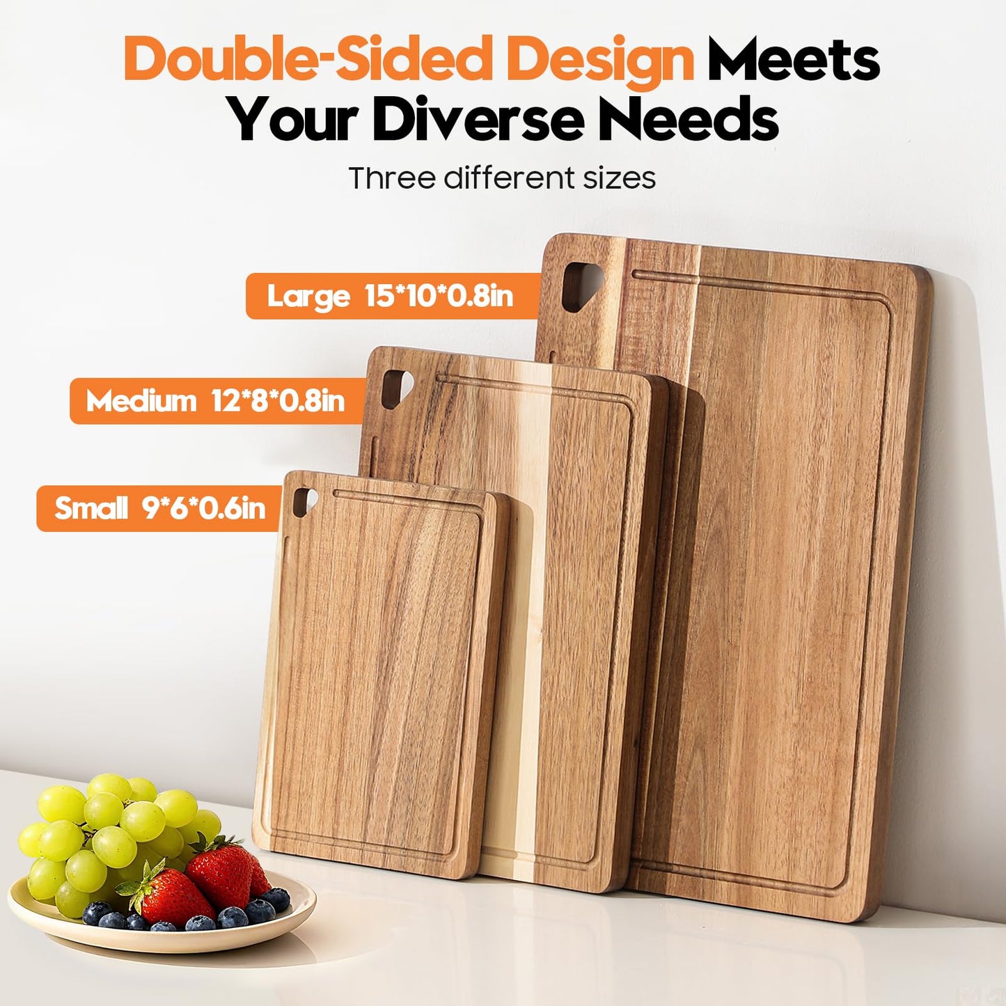 HOMKULA Acacia Wood Cutting Boards for Kitchen Non Toxic, Reversible Wooden Cutting Board with Juice Groove, Wood Chopping Board for Meat, Vegetables and Fruits, Set of 3 (S+M+L)