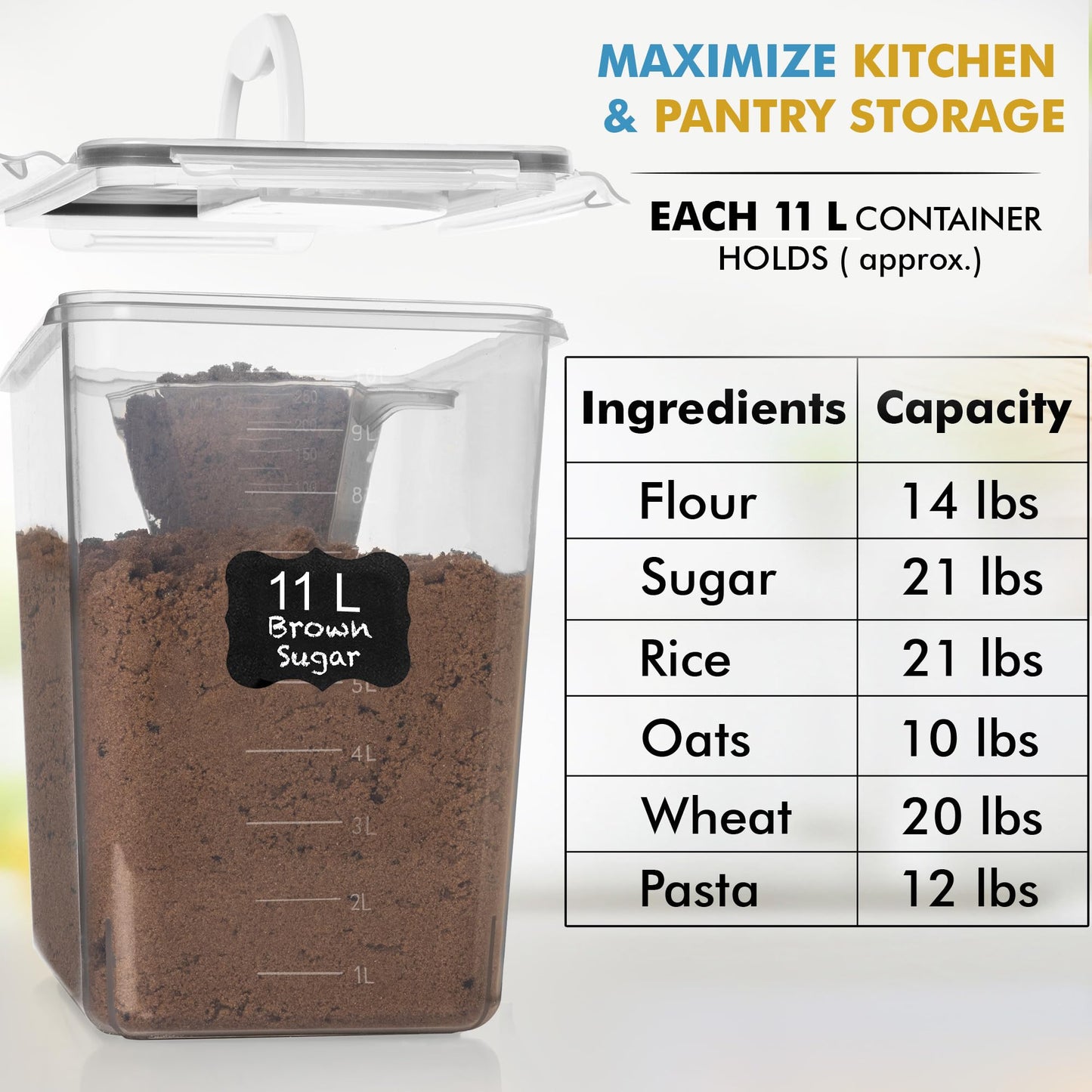Shazo 2 PC (11L | 372 oz) Flour Sugar Storage Containers with Easy Carry Handle - Plastic Extra Large Food Storage Containers with Lids, BPA Free Airtight Kitchen Canister Set for Rice, Cereal & Pasta