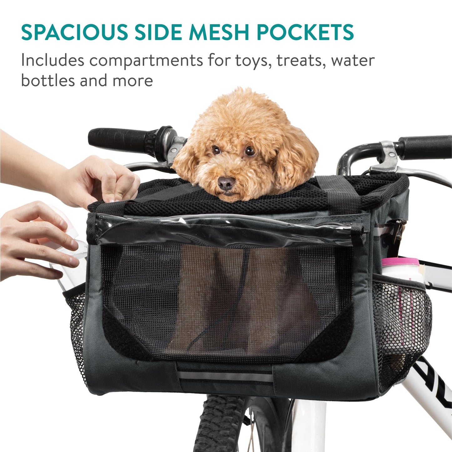Navaris Pet Carrier for Bikes - Bike Basket Dog Carrier - Ideal Carriers for Small to Medium Dogs Up to 10kg (22lbs) - Drawstring Bag with Secure Locks and Strap - Grey
