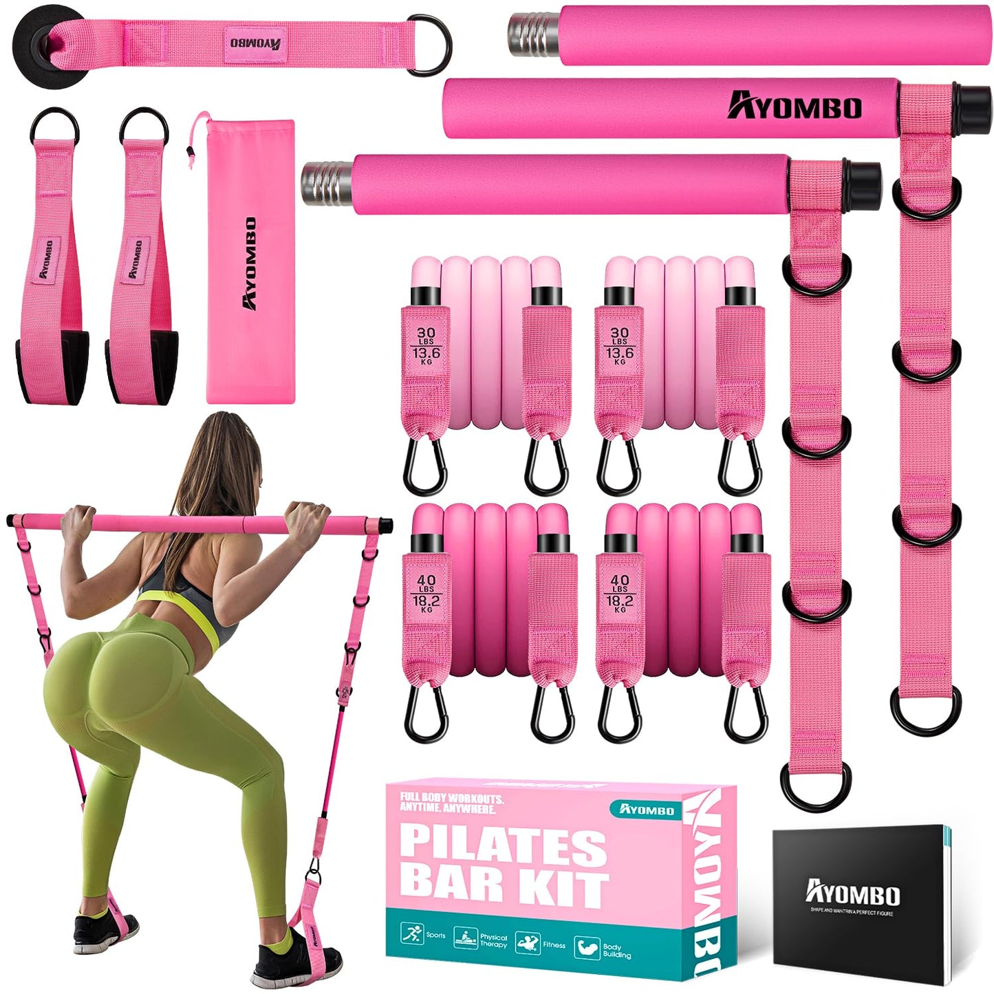 Pilates Bar Kit with Resistance Bands, Pilates Workout Equipment for Legs, Hip, Waist, Arm, Squats Exercise Equipment for Home Workouts, Adjustable 3-Section Resistance Bands Bar Kit for Women & Men