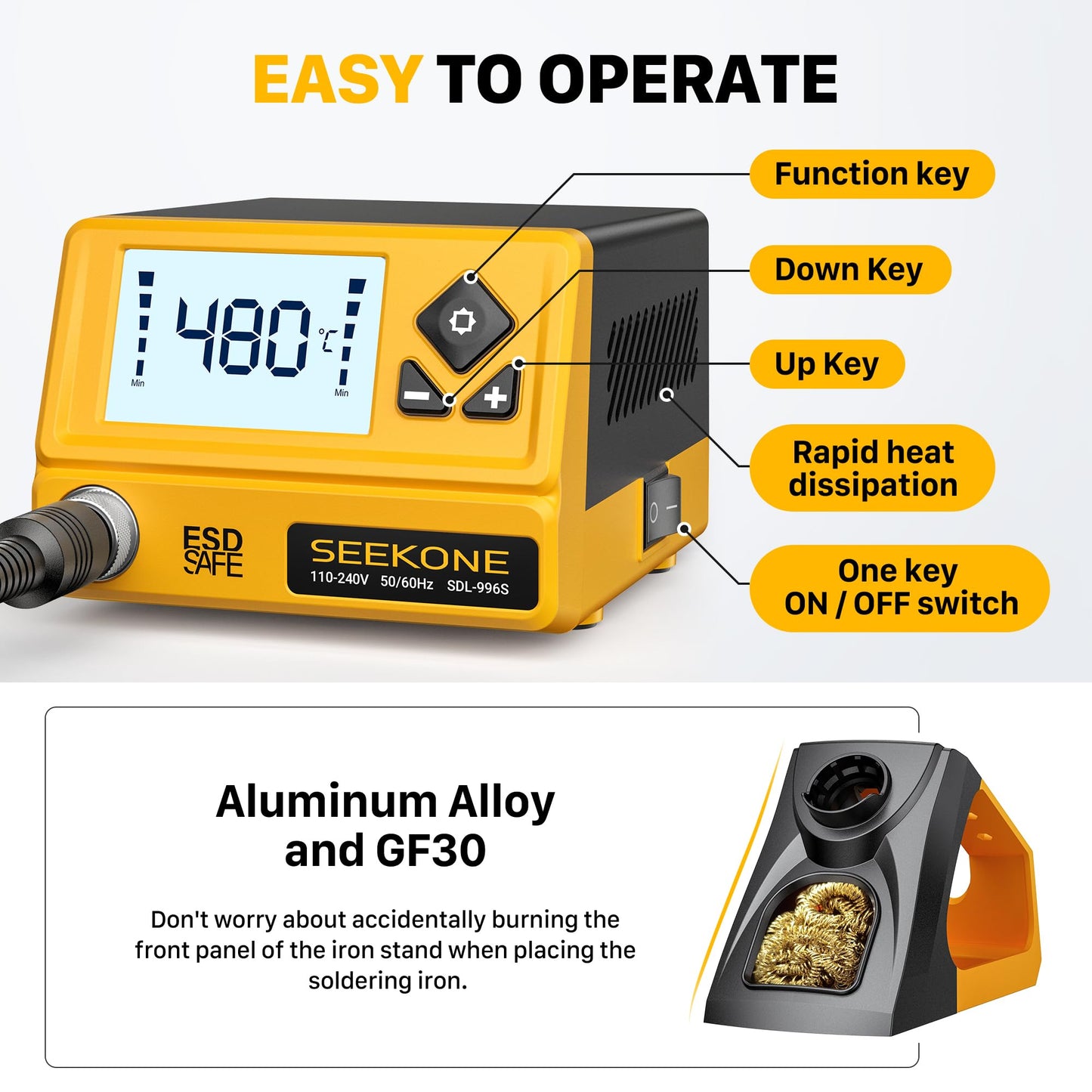SEEKONE 60W Soldering Station 180℃ - 480℃（352°F - 896°F）Soldering Iron Station with 5 Extra Iron Tips, ESD Safe, 3 Preset Channels, °C/ºF Conversion, Auto Sleep, Calibration Support & Power-on Memory