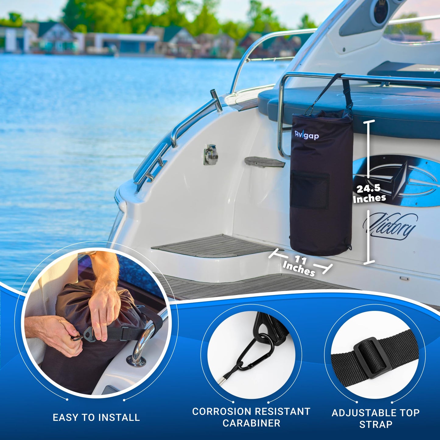 Avigap Boat Trash Can, 100% Odor & Leak Resistant, Portable, Reusable, 10-13 Gal Garbage Bag Snaps Inside, Easy to Install & Clean, Fishing, Sandbar, Kayak, Pontoon Boat Accessories
