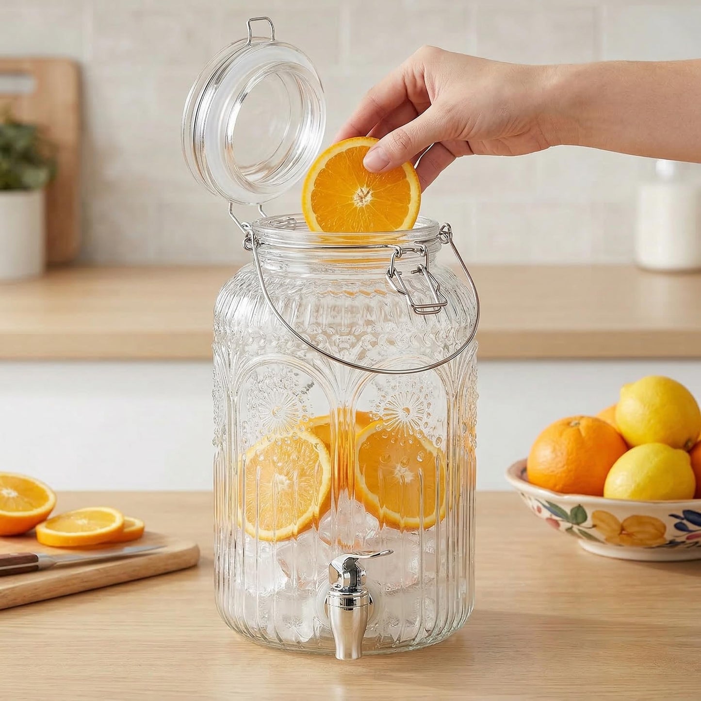 Kingrol 1 Gallon Glass Drink Dispenser with Lid and Spigot - Wide Mouth, Leak Proof Juice Pitcher- Vintage Beverage Dispenser for Party, Wedding, Picnic