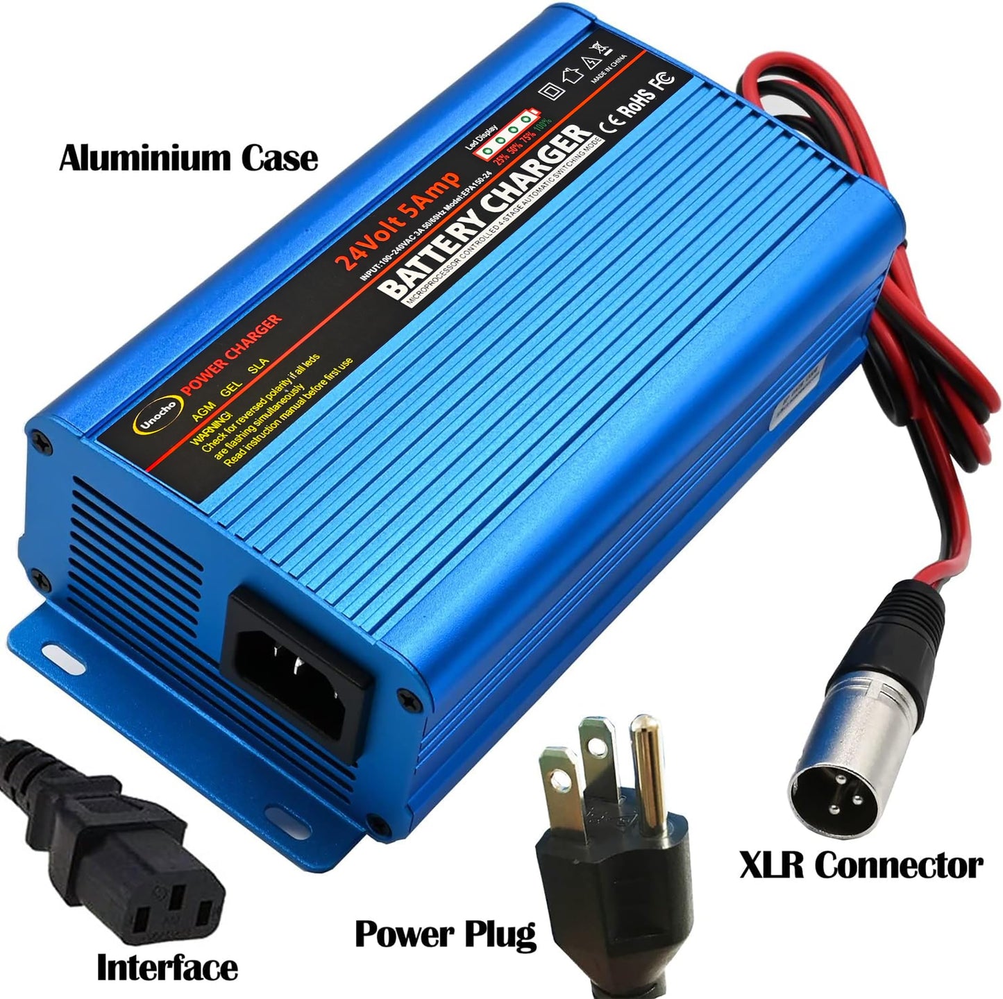 24V Battery Charger Automatic smart Charger 5A trickle Charger and I/O Switch 3 pin XLR Connector for Charging AGM Gel Lead-Acid Batteries for Cars wheelchairs Boats