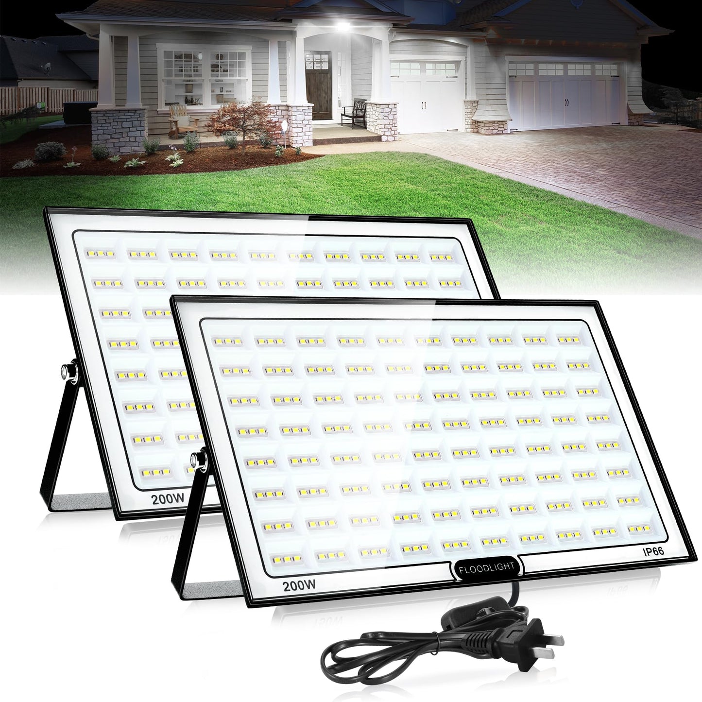 VAYALT 200W Led Flood Light Outdoor, 2 Pack 20000LM Bright Floodlight Outside Work Light with Plug, 6500-7000K Daylight Exterior Flood Light, for Garage, Yard, Parking Lot, Chicken Coop (IP66)