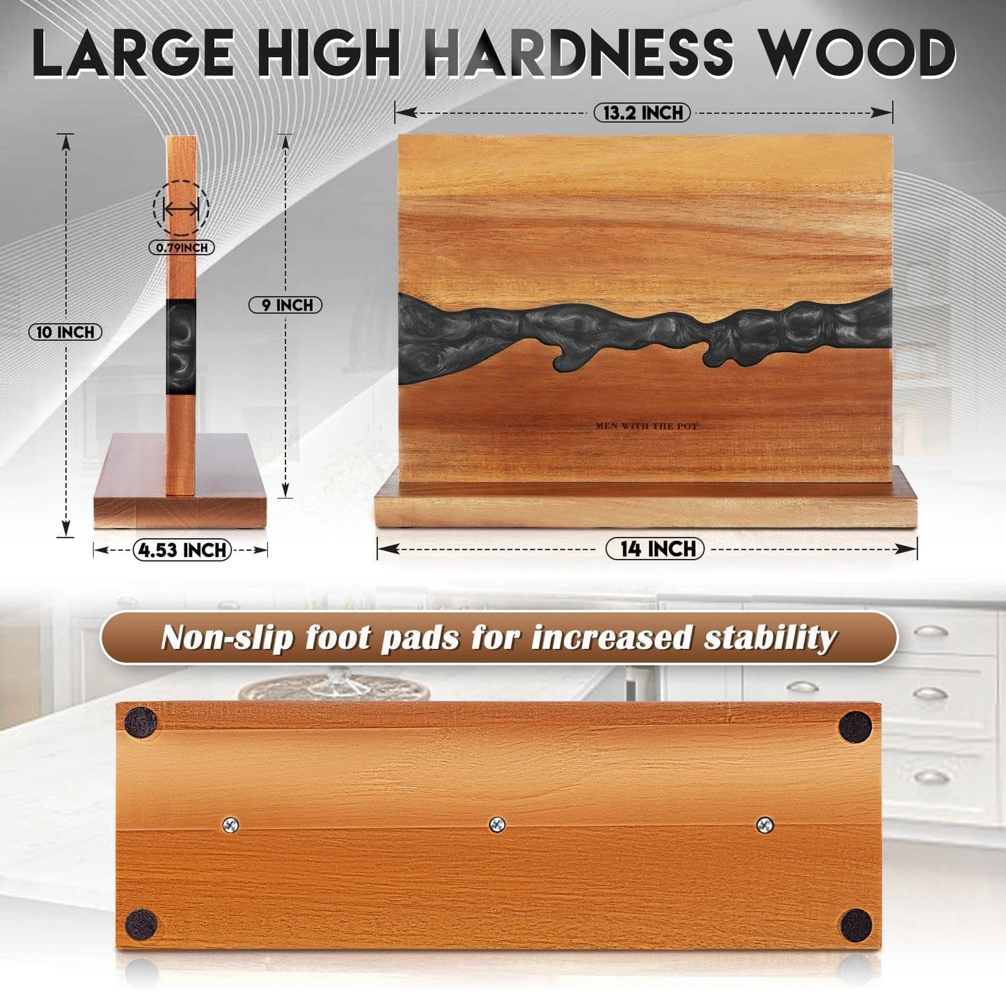 Men with THE Pot 13 x 10 Inches Magnetic Knife Block, Double Sided Powerful Wood & Black Flow Pattern Magnetic Kitchen Knife Holder Stand, Knife Storage Organizer, Cooking Gifts for Men Dad