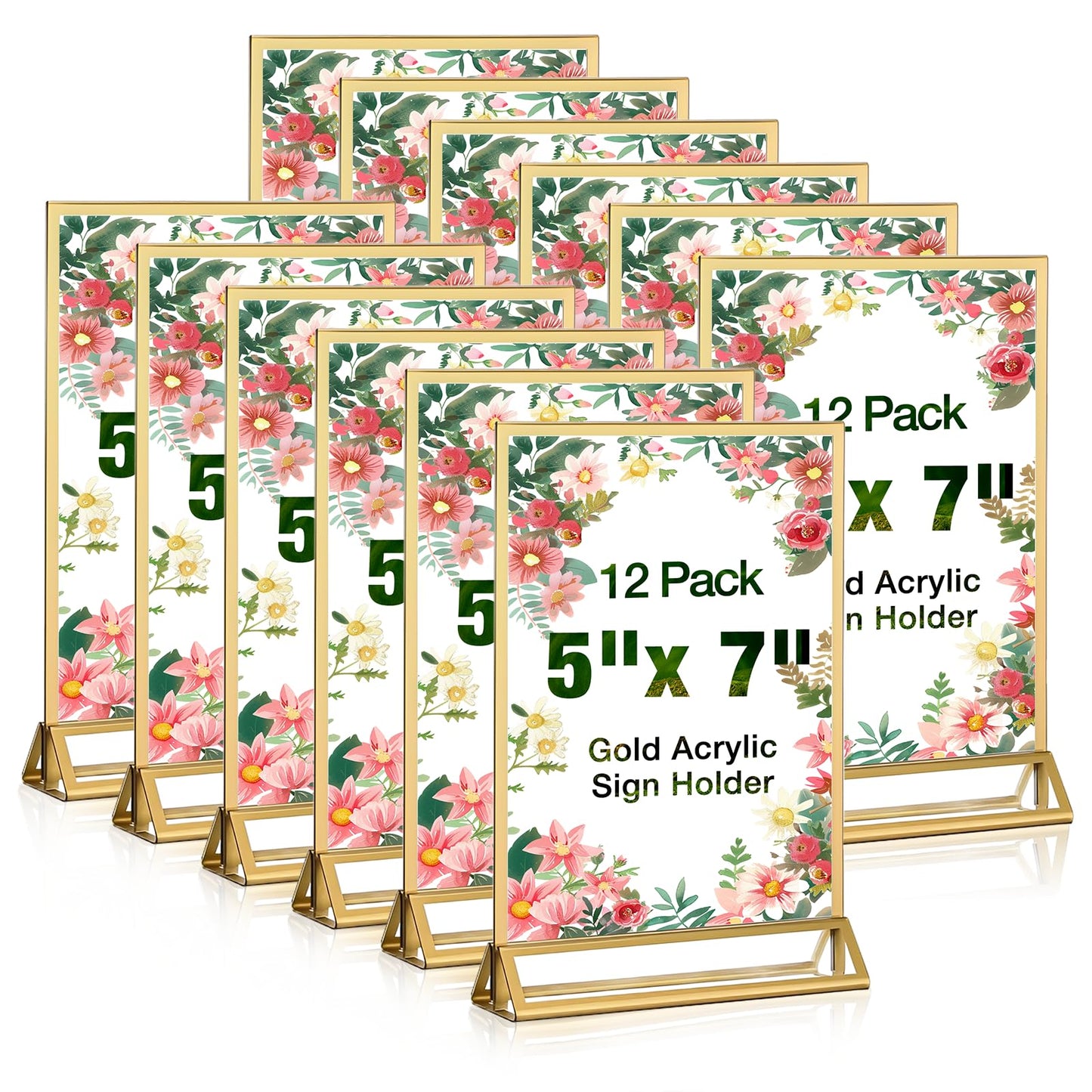 RUITENG 12 Pack Acrylic Sign Holder, 5x7 Clear Gold Frame Display Stand, Double Sided Picture Menu Flyer Holders, Wedding Table Number Frames for Cards Photo Party Decoration (5" x 7")