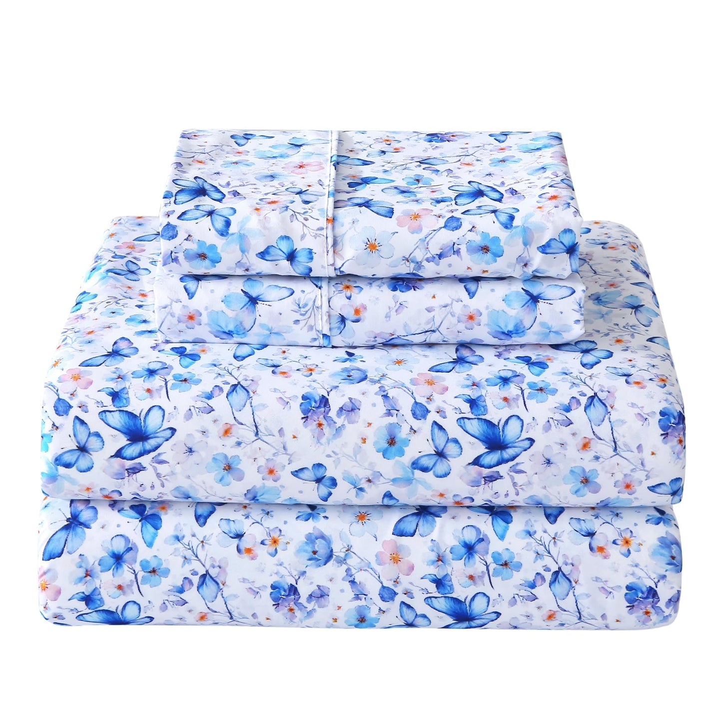 Softan Queen Floral Sheets, Microfiber Blue Flower Printed Fitted Sheets with Non-Slip Straps and 15" Deep Pocket, Butterfly Patterned Cozy Bed Sheets Queen, Buttertfly Sheets & Pillowcase Sets