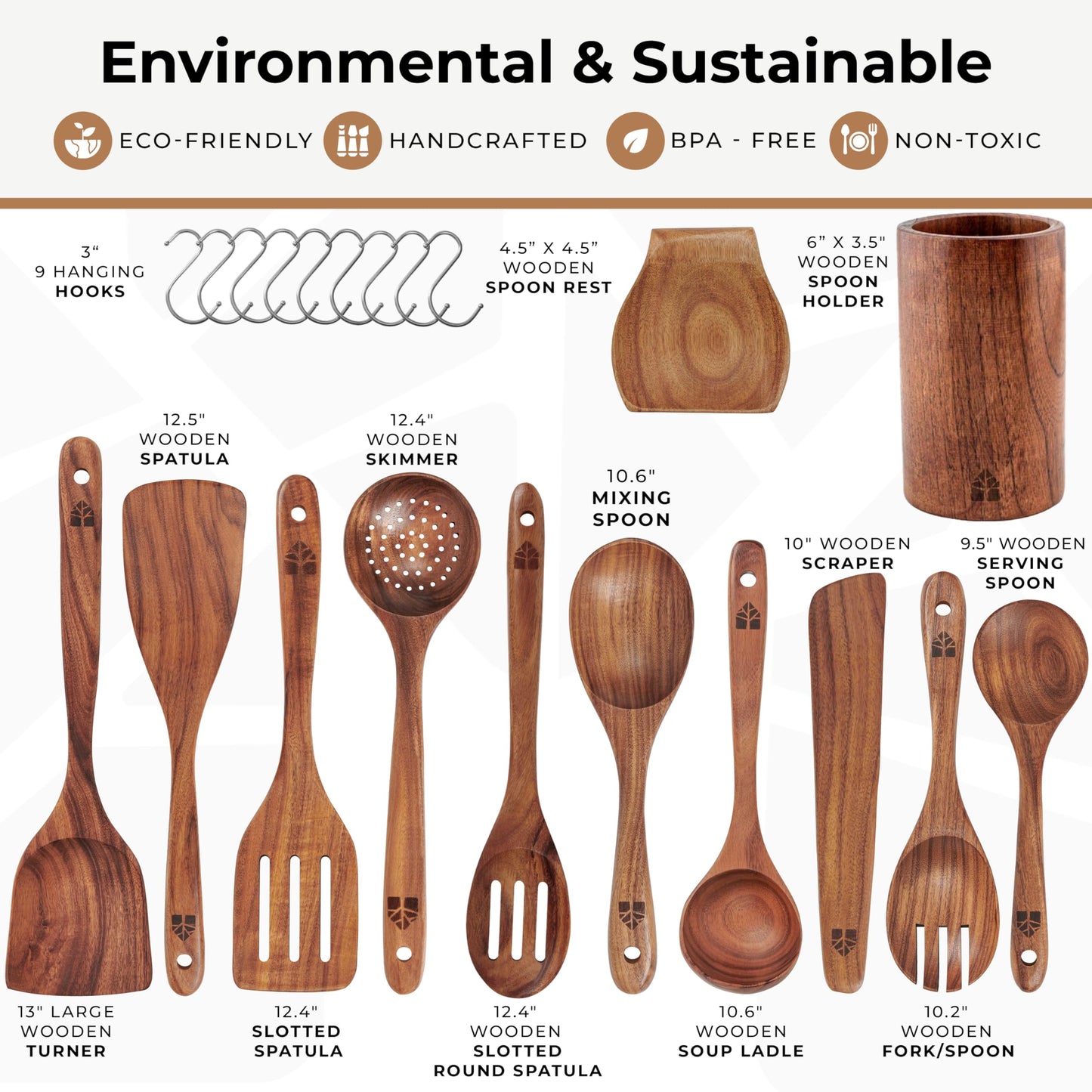 Wooden Spoons for Cooking – Wooden Cooking Utensils Set with Holder, Spoon Rest & Hooks, Teak Wood Nonstick Kitchen Cookware – Kitchen Utensil Set of 12pcs by Woodenhouse