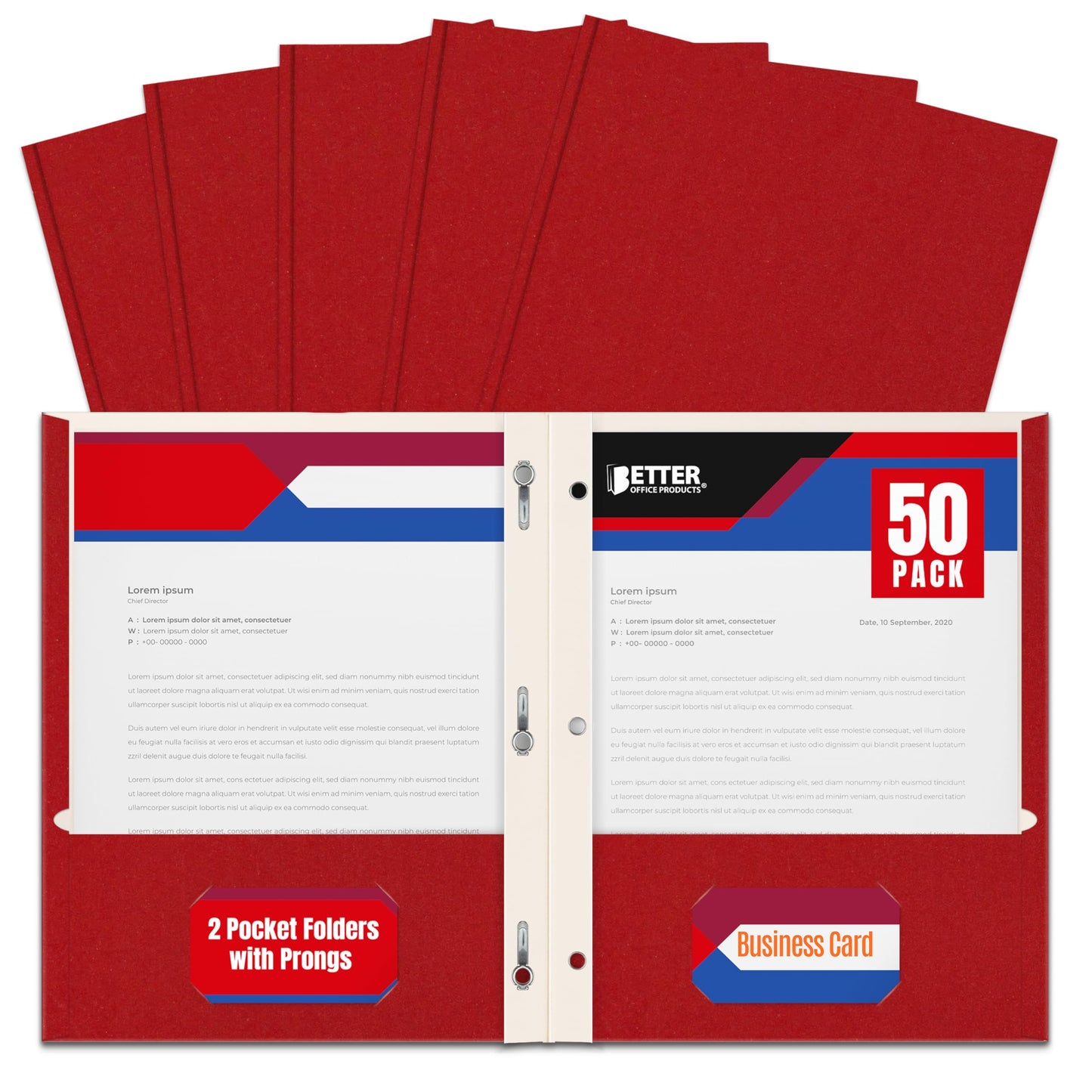 Better Office Products Plastic Folders, 50 Pack Red Paper Folders with Pockets & Folders with Prongs, Matte Texture, Letter Size, 3 Metal Prong Fastener Clips, Durable for Office, School, Filing