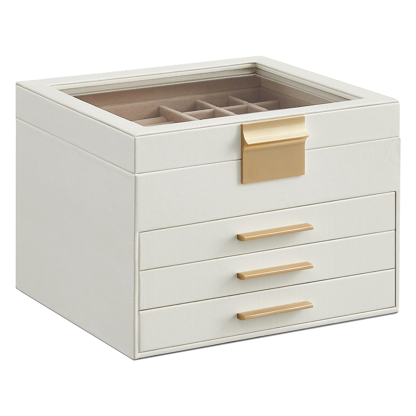 SONGMICS GISELLA Collection - Jewelry Box Organizer, 4-Layer Jewelry Storage with 3 Drawers, Shiny Metal Hardware, Glass Lid, Modern, 20.3 x 23.1 x 16.5 cm, Cloud White and Gold Color UJBC173W01