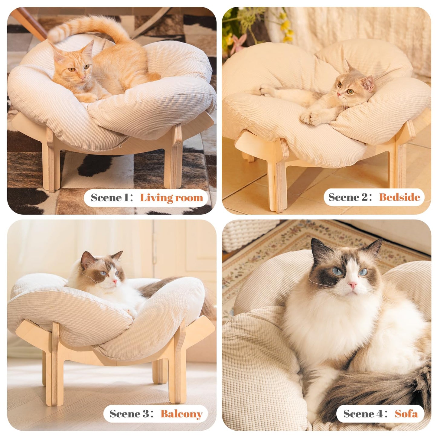 CHEERHOME PETS Elevated Cat Bed Wooden with Cushion Fluffy Pet Couch Sofa for Indoor Cats Raised Kitty Lounge Chair Suitable for Puppy, Cat Furniture(White)