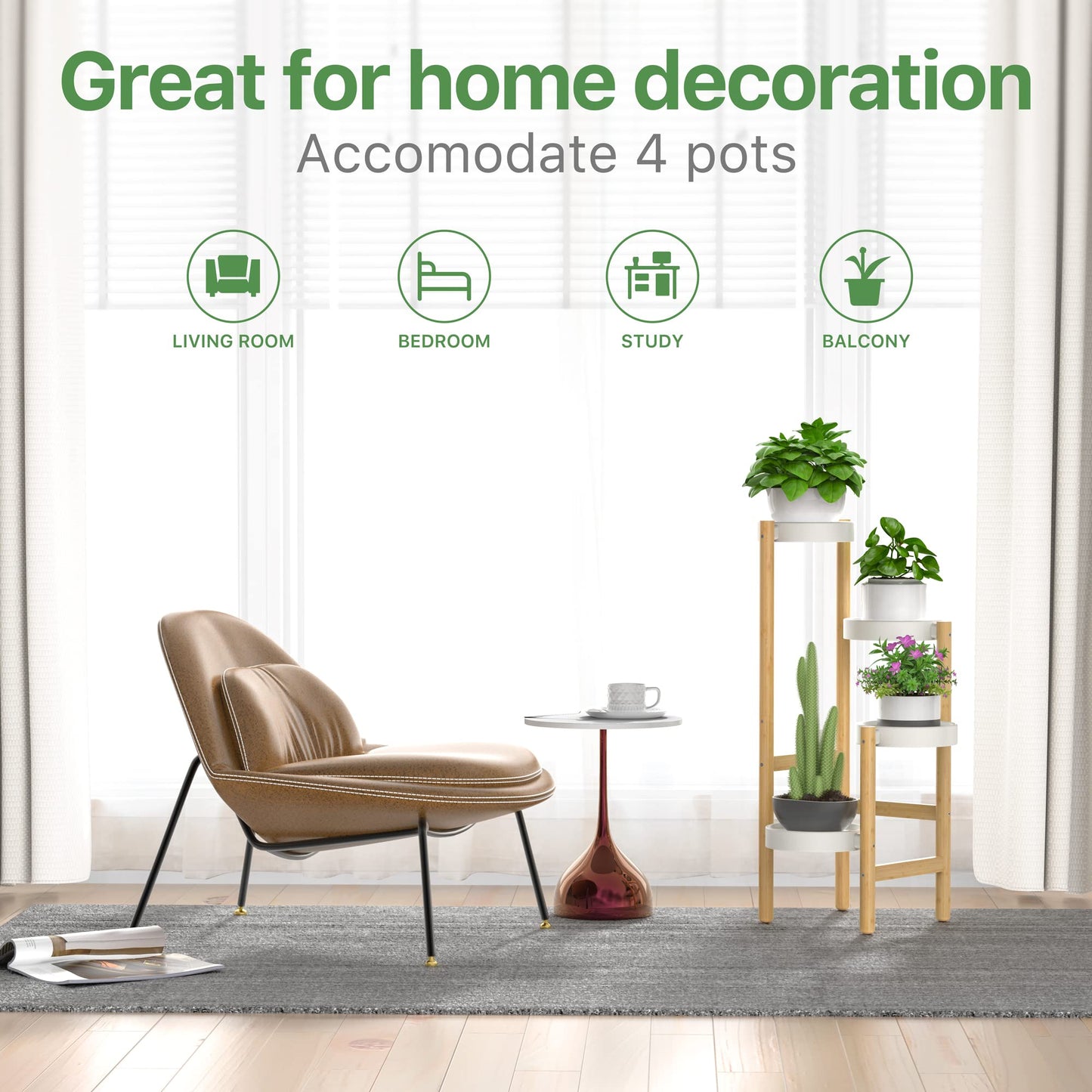 Wisuce Bamboo Plant Stands Indoor, 4 Tiered Tall Corner Plant Stand Holder Multiple Shelf Flower Tables for Garden Indoor Home (4 Tier)