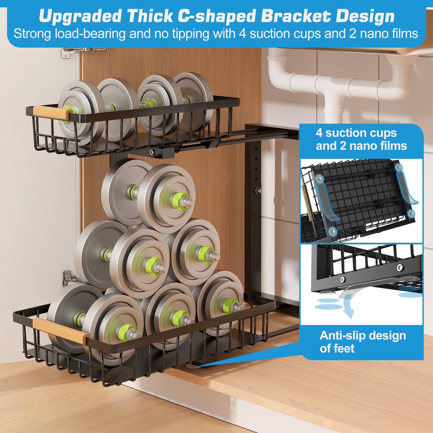 Floridy Under Sink Organizer 2 Packs, 2 Tier Slide Out Large Kitchen Sink Organizers and Storage Height Adjustable Under Cabinet Organizer for Kitchen Bathroom Pantry, Black