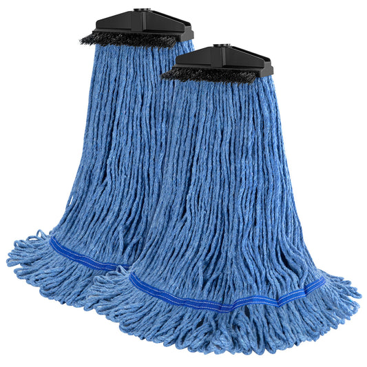 ONESIMUS Large Heavy-Duty Commercial Mop Head Replacement – Screw-On Wet Industrial Cotton Looped String Refill with Built-in Tough Polypropylene Bristle Brush for Floor Cleaning (Blue 2 Pack)