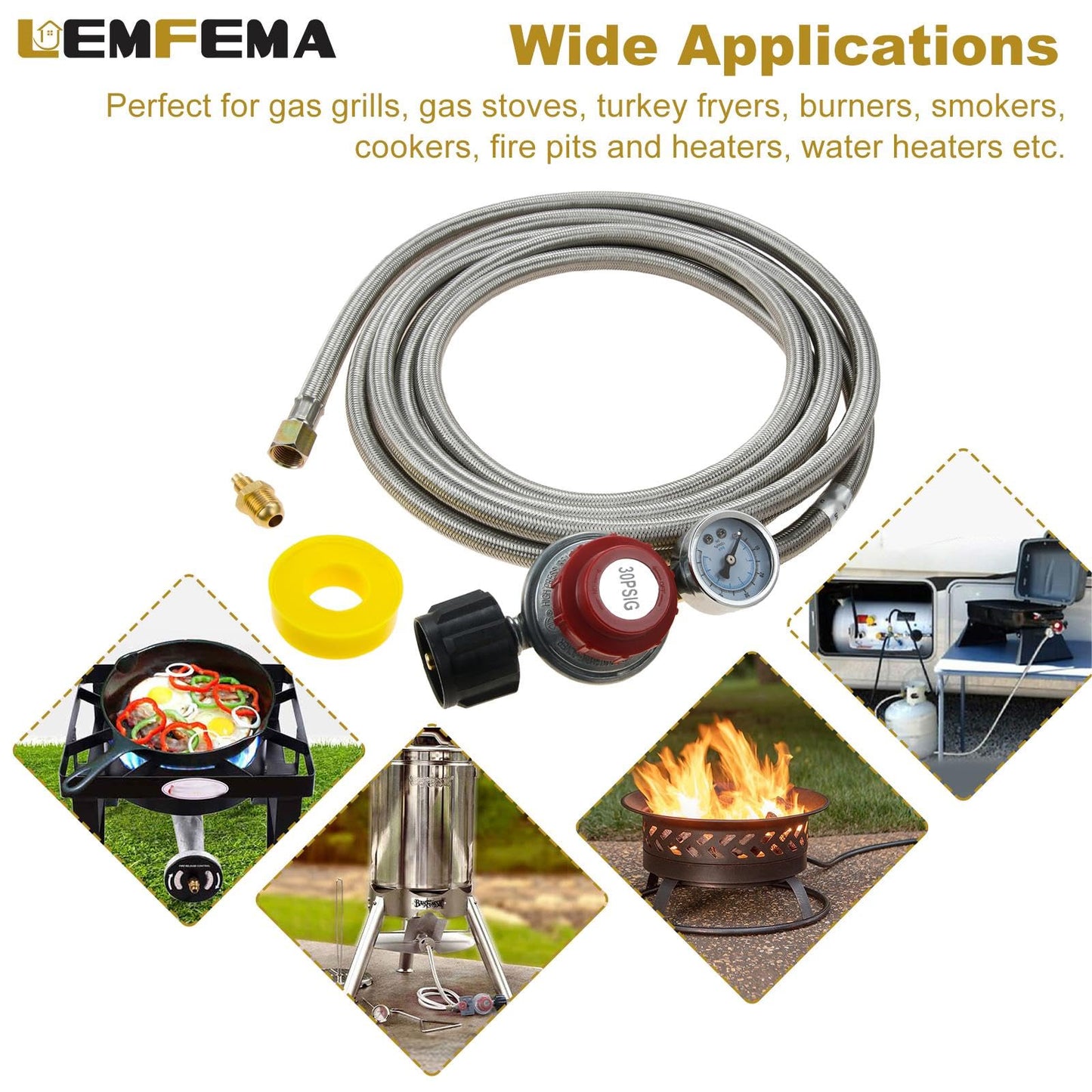 12Ft 0-30PSI High Pressure Adjustable Propane Regulator with Gauge, Stainless Steel Braided Hose Fit for Grill, Burner, Cooker, Turkey Fryer, Propane Heater, Fire Pit, QCC1 x 3/8" Female Flare Fitting